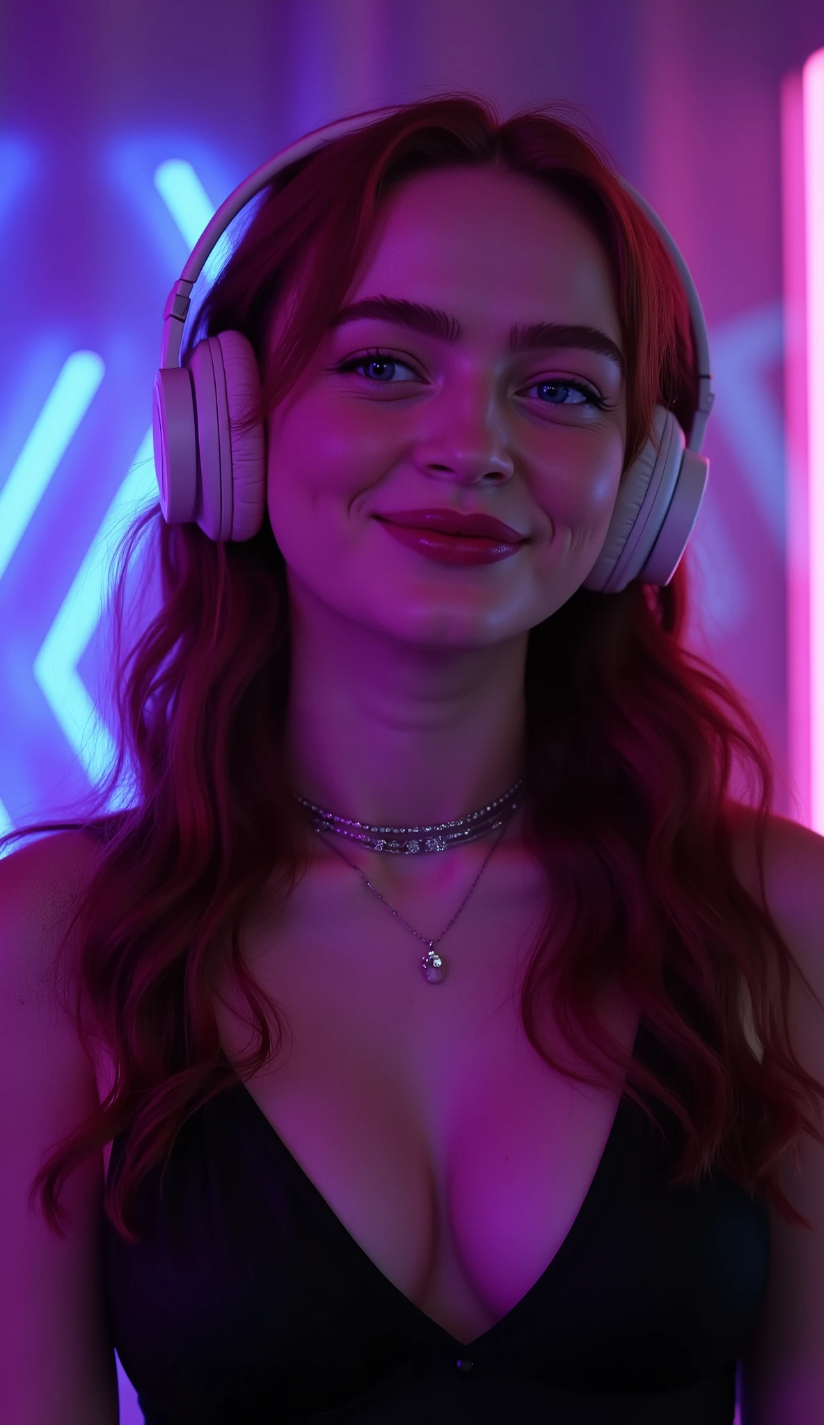photorealistic medium shot portrait of a stunning woman + (((seductive smile))) + (((hourglass figure, Big breasts))) + (((keep the exact face details, hair details and hairstyle of the selected LoRA))), she is looking slightly to her right with a soft, playful smile, wearing large white over-ear gaming beats studio 3 headphones, a black sleeveless top, and a silver choker necklace with a small silver yin-yang pendant. Her hair cascades over her shoulders. The background is a dark room illuminated by vibrant purple LED lighting, with visible blue glowing geometric shapes (triangles and lines) on a screen or panel behind her left shoulder. The camera angle is straight-on, eye-level, capturing her from mid-chest up, with no body deformations, sharp focus on facial expression and attire, optimized for Flux model on SeaArt — ultra-detailed skin texture, natural lighting reflections on headphones, realistic fabric folds, and precise depth-of-field keeping the subject crisp while softly blurring distant background elements. No tattoos, piercings, or facial feature descriptions included. Background elements must be replicated exactly as seen: purple ambient glow, blue digital patterns, and spatial positioning of objects relative to the subject.