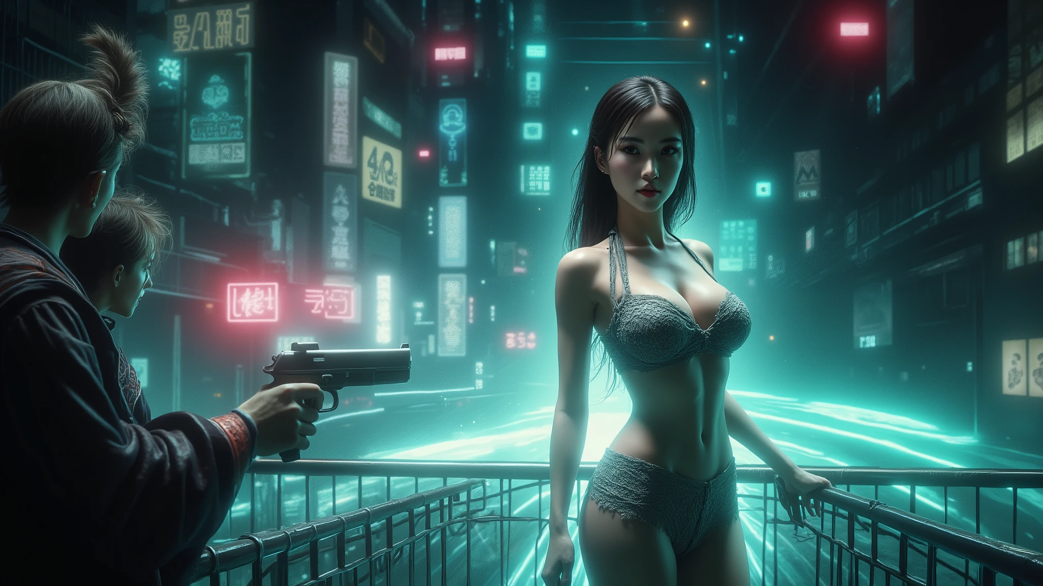 ((photo-realistic)), a large-breast:1.1 Japanese woman, facing camera, cleavage, (((side boob))), Bandeau crop top, Bandeau, Bandeau , hip up, slim face, slim:0.1 body, well-lit face, (((sexy-thigh:1.1, super hot short:0.1 lace ))), (((aiming with a short:0.1 pistol, balcony))), well-lit:1.2, digital art, concept art, dramatic lighting, neon lights, cinematic composition, blurred background.