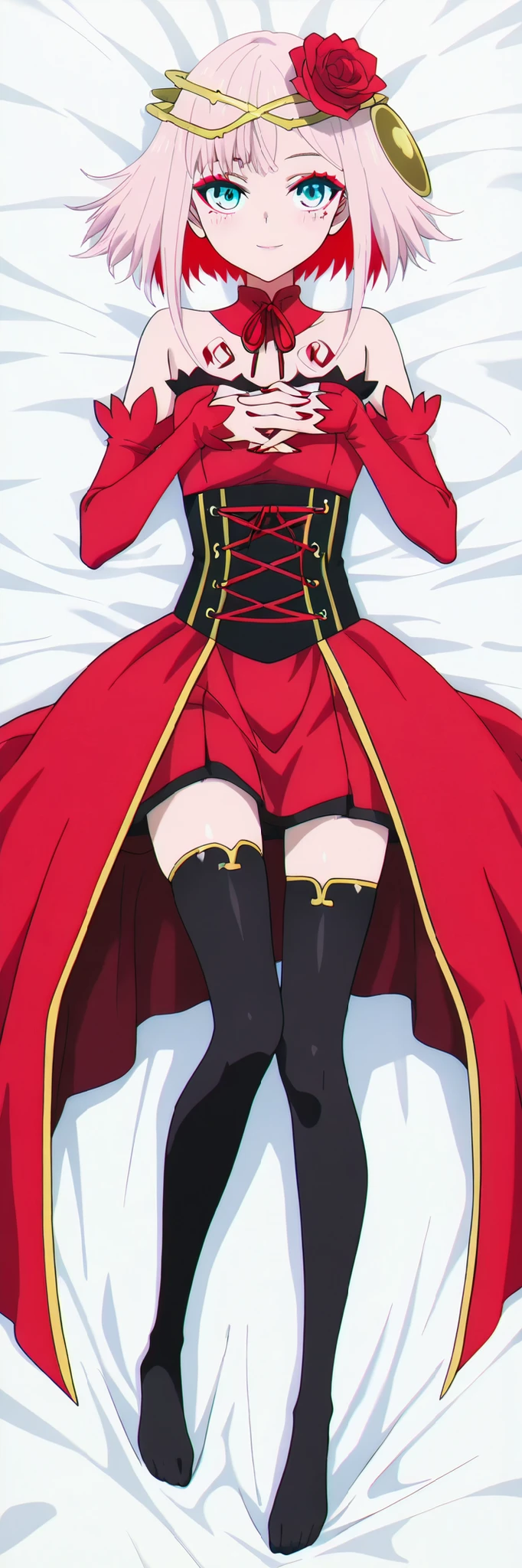 Masterpiece, Top Quality, Amazing Quality, Very Aesthetic, Absurd, Newest (Detailed Hands), Detailed Eyes,style anime,style anime, anime screencap , anime coloring, pefect eyes, pefect face, detail background,solo, solo mujeres, SFW, anime style, dakimakura illustration, full body, soft lighting, clean background, slim body, beautiful detailed eyes (1.2), symmetrical face, face focus, smooth skin, soft shading, simplified fingers, detailed fabric, high-quality lineart,
best quality, highres, absurdres, high resolution, ultra detailed, perfect details, symmetrical face, anime style face, perfect pupils, clean eyelashes, balanced facial proportions , face focus, 1girl, destiny, short hair, colored inner hair, pink hair, red hair, short hair with long locks, hair ornament, hair flower, crown of thorns, aqua eyes, makeup, red eyeshadow, mark under eye, red nails, detached collar, red dress, strapless dress, high-low skirt, corset, thorns, detached sleeves, black thighhighs,(portrait:1.4), (anime screencap:1.2), light smile, flushed cheeks, blushing, hands crossed under upper body, fingers hidden, only wrists visible ,highly detailed fabric, clean shading, smooth skin, defined hands, straight body, clean silhouette, full body centered, soft relaxed pose,
Dakimakura, feliz, bed sheet, white bed sheet,
High Resolution, detailxl, fuente_animé, ojos grandes, gorgeous animé girl, colores vívidos, IlustracionesP0s,