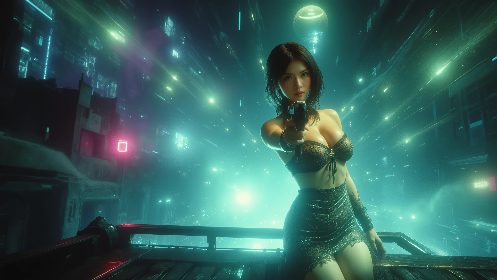 ((photo-realistic)), a large-breast:1.1 Japanese woman, facing camera, cleavage, (((side boob))), Bandeau crop top, Bandeau, Bandeau , hip up, slim face, slim:0.1 body, well-lit face, (((sexy-thigh:1.1, super hot short:0.1 lace ))), (((aiming with a short:0.1 pistol, balcony))), well-lit:1.2, digital art, concept art, dramatic lighting, neon lights, cinematic composition, blurred background.