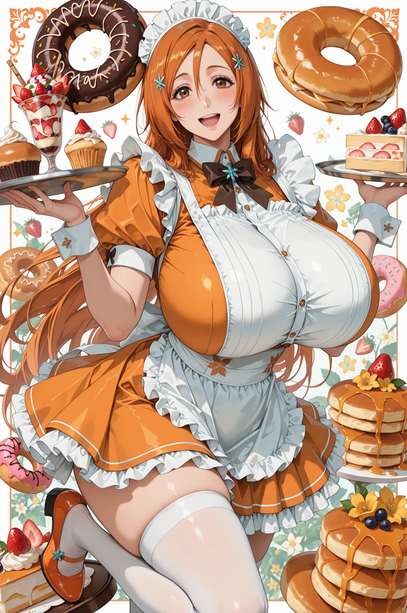 masterpiece, best quality, 1girl, solo, tray, long hair, , frills, hair between eyes, standing, fruit, frilled apron, white apron, blush, inoue orihime, holding tray, looking at viewer, food, frilled dress, white thighhighs, wrist cuffs, donut, food-themed background, orange hair, thighhighs, pancake, , hair clip, holding, dress, brown eyes, orange footwear, yellow flower, cake, parfait, swiss roll, shoes, cupcake, smile, pancake stack, flower, maid headdress, open mouth, standing on one leg, orange dress, apron, strawberry shortcake, very long hair, maid, strawberry