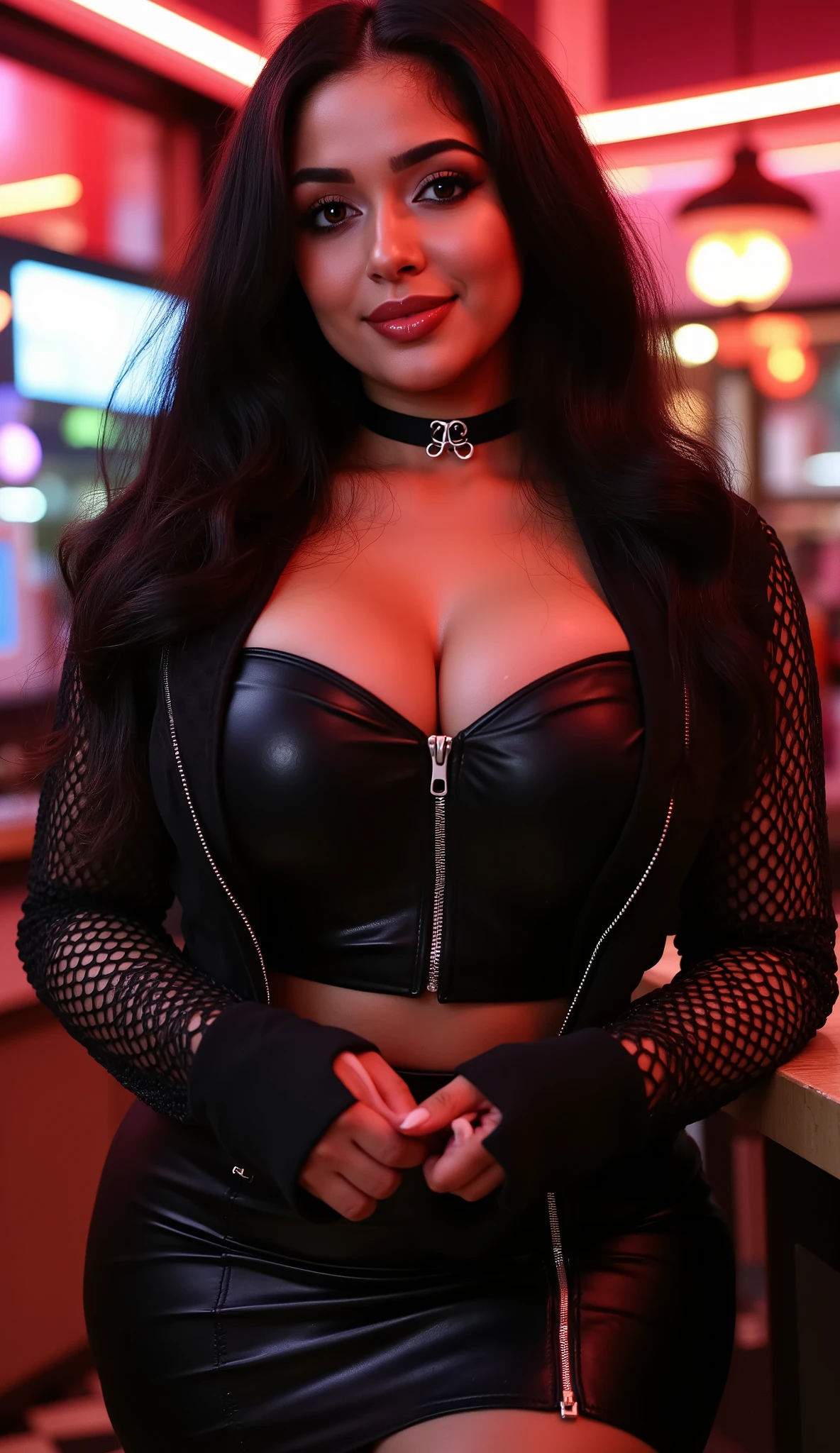 extreme close up photo of ((Asin)), ((Asin)), looking at viwer standing middle of a dance bar , curvy, midriff Wearing: fishnet jacket, choker, bandeau thight orenge crop top, black leather micro skirt ) in kitchen, Long wavy hair, smile, cleavage , zipper dress, thicc red lips