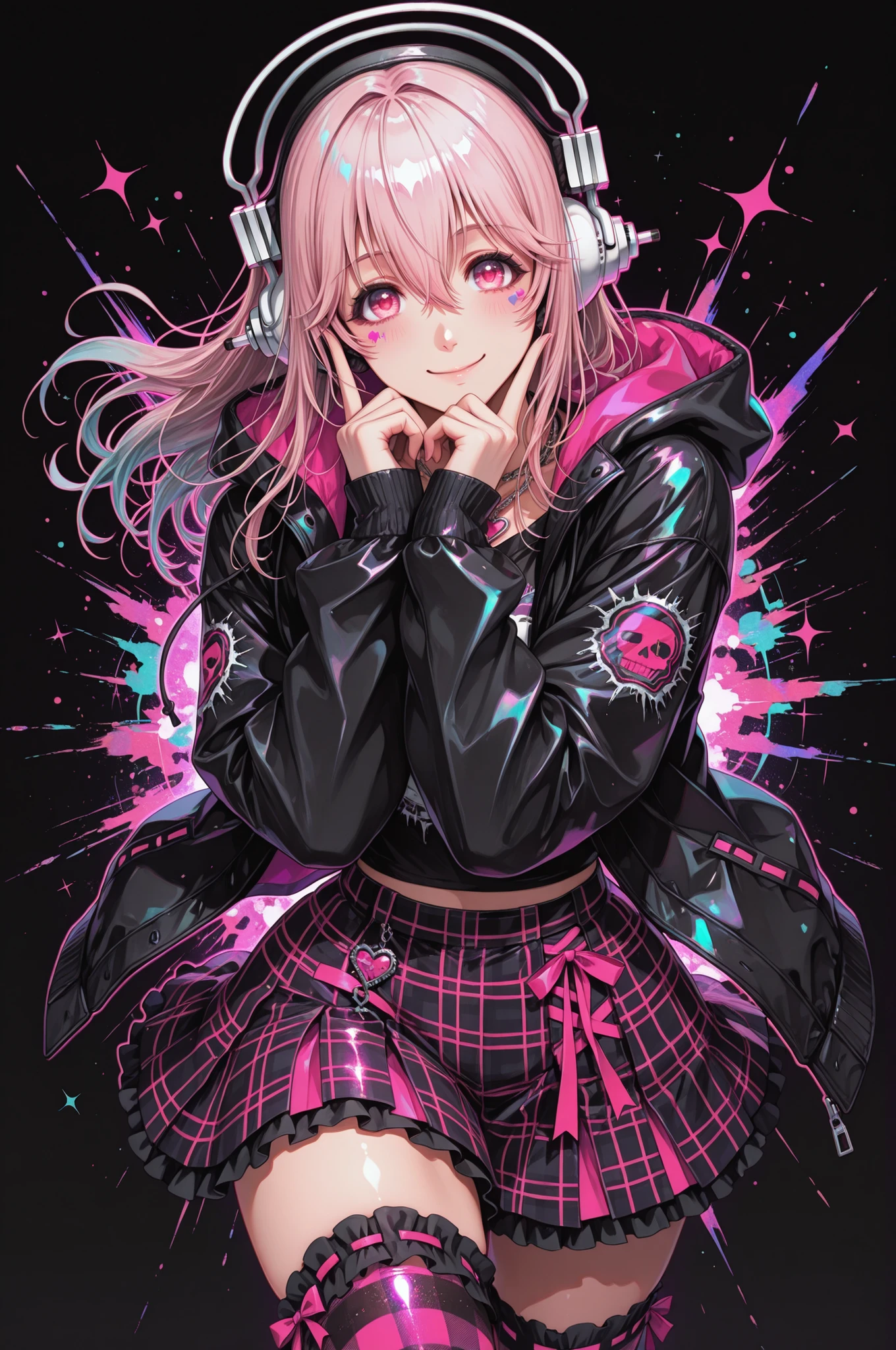 1girl, super sonico, beautiful eyes, cowboy shot, smile, full body, black background, colorful hearts, vibrant, pink glowing outline, neon, abstract background, looking at viewer, ribbon-trimmed thighhighs, gingham skirt, hooded jacket, black top, dynamic pose, punk, kawaii