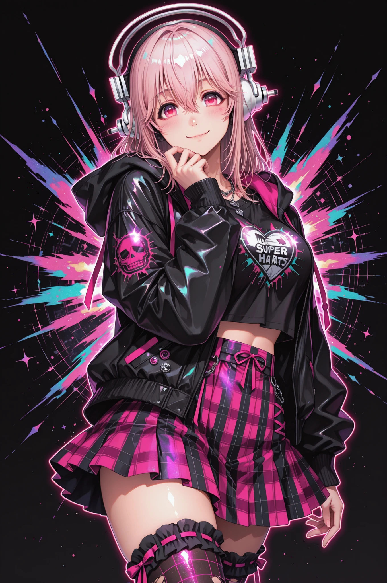 1girl, super sonico, beautiful eyes, cowboy shot, smile, full body, black background, colorful hearts, vibrant, pink glowing outline, neon, abstract background, looking at viewer, ribbon-trimmed thighhighs, gingham skirt, hooded jacket, black top, dynamic pose, punk, kawaii