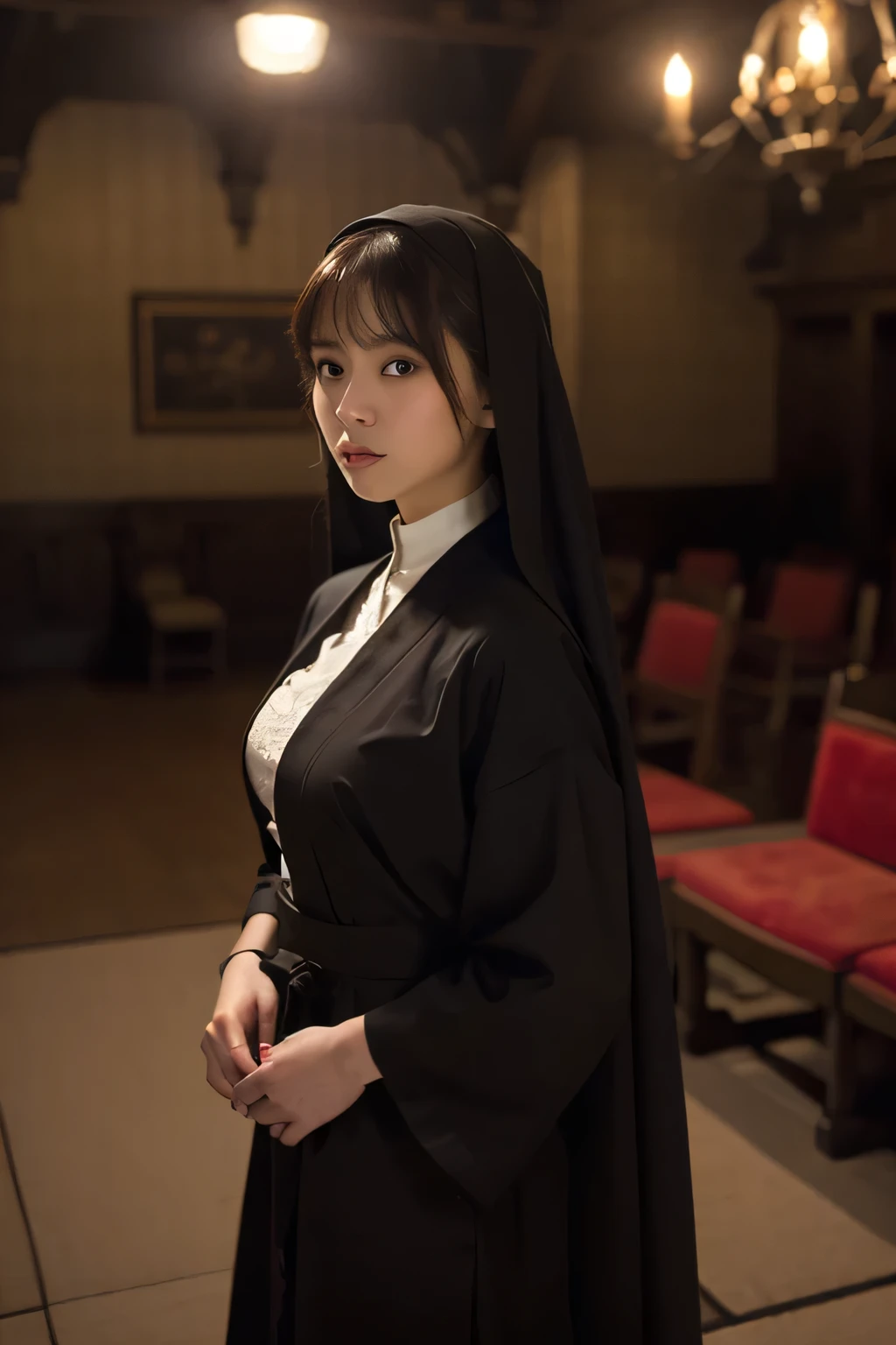 8k, very detailed, masterpiece, top quality, photorealistic, Japanese,detailed faces, fine eyes, 25-Year-Old Woman, 1 person, Beautiful face, My lower lip is thick and plump, Good figure, ((Peek into the viewer's eyes)), beautiful hairstyle, big breasts with a bell shape,nun,black monastic suit,Holding a cross,Pray to God,Tattered old Western-style building,chandelier with cobwebs,perforated floor,dark room,Ghosts are flying around,All lights are off