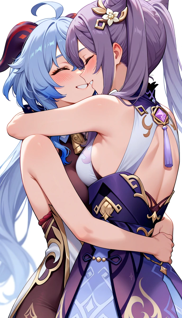 Genshin impact, 2 women, Yuri, purple hair keqing, ganyu, looking at each other, bed, ????, ??????, ???????????????