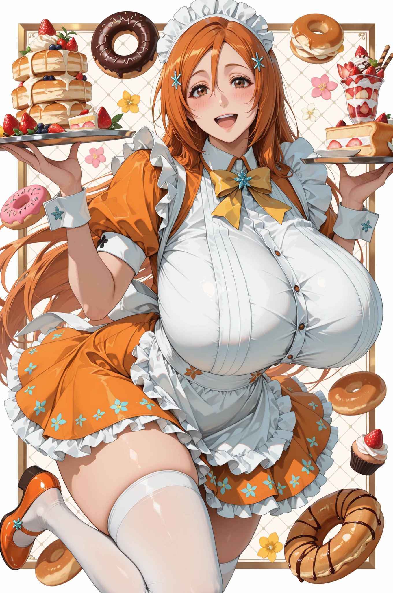 masterpiece, best quality, 1girl, solo, tray, long hair, , frills, hair between eyes, standing, fruit, frilled apron, white apron, blush, inoue orihime, holding tray, looking at viewer, food, frilled dress, white thighhighs, wrist cuffs, donut, food-themed background, orange hair, thighhighs, pancake, , hair clip, holding, dress, brown eyes, orange footwear, yellow flower, cake, parfait, swiss roll, shoes, cupcake, smile, pancake stack, flower, maid headdress, open mouth, standing on one leg, orange dress, apron, strawberry shortcake, very long hair, maid, strawberry
