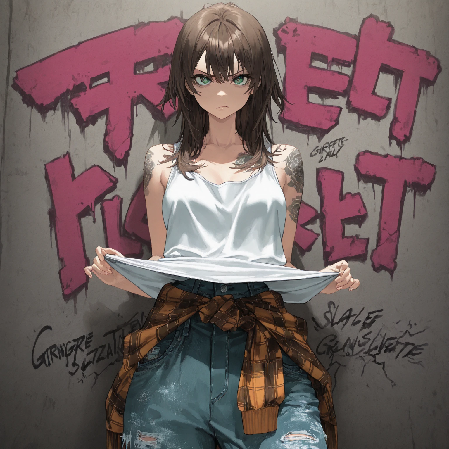 anime, 最high quality, high quality, High resolution, Beautiful woman, High detail, Good lighting, , transformation, (No ), (((Jeans ))), ((Tight leather top)), (((Shiny Pantyhose))), Leather thigh-high boots,  abdomen, (Wet shorts), (((Be incontinent))), (((Peeing))), (((Peeing on your own))), ( running down my legs),  stains, (puddle), (Thick thighs), Nice long legs, lipstick, Detailed face, Pretty face, Clean hands, Embarrassed and blushing face, Humiliated, ((Spread your legs)), (squat), ((In a wide alley)), Heherz