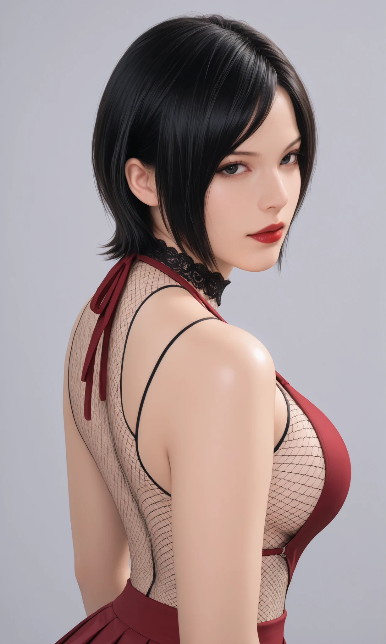 a photo Hyper-Realistic Ultra HD, The image showcases an incredibly realistic 4K photorealistic resolution, highlighting her captivating presence and a mesmerizing physique. leaving you entranced by the seamless fusion of artistry and supreme realism. looking straight into the frame, looking at viewer,sharp focus; frame, sharp focus ;eerily realistic, visual realism (Every imperfection and detail of her skin is captured -+ details Ultra hd. a professional movie photograph of, best quality, high quality, facing forward,  Beautiful little red lips, 
Define each part of her body imperfections.
The image showcases an incredibly realistic 4K photorealistic resolution, highlighting raikage_art,(masterpiece), (best quality), (ultra-detailed), amazing quality, very aesthetic, illustration, perfect composition, intricate details, absurdres, incredibly absurdres, shiny skin, realistic, 1girl, milf, mature female, simple background, grey background, upper body, half body potrait, looking at viewer, ((large breasts)), ada wong, black eyes, Red One Piece Thong Fishnet Bodysuit, Halter Sheer Mesh Top, pleated micro skirt,  bare shoulders, large breast, showing cleavages transparent fishnet neck,