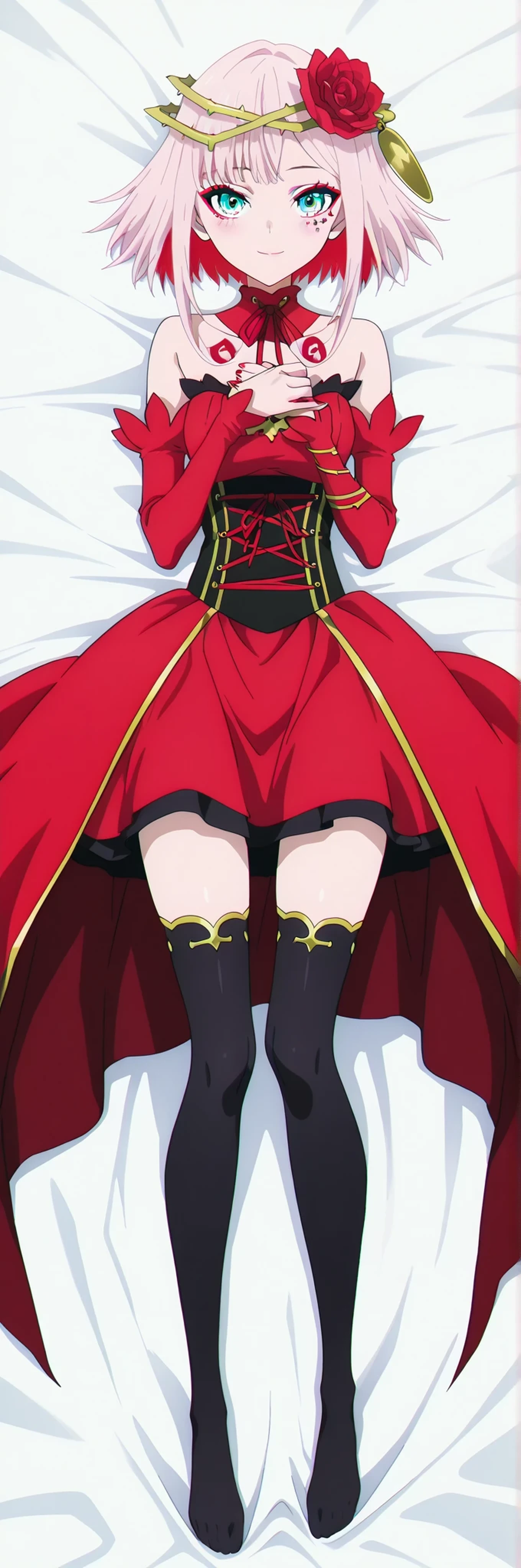 Enchanting Eyes, focus drawn to eyes, highly detailed eyes, sparkles in eyes,Masterpiece, Top Quality, Amazing Quality, Very Aesthetic, Absurd, Newest (Detailed Hands), Detailed Eyes,style anime,style anime, anime screencap , anime coloring, pefect eyes, pefect face, detail background,solo, solo mujeres, SFW, anime style, dakimakura illustration, full body, soft lighting, clean background, slim body, beautiful detailed eyes (1.2), symmetrical face, face focus, smooth skin, soft shading, simplified fingers, detailed fabric, high-quality lineart,
best quality, highres, absurdres, high resolution, ultra detailed, perfect details, symmetrical face, anime style face, perfect pupils, clean eyelashes, balanced facial proportions , face focus, 1girl, destiny, short hair, colored inner hair, pink hair, red hair, short hair with long locks, hair ornament, hair flower, crown of thorns, aqua eyes, makeup, red eyeshadow, mark under eye, red nails, detached collar, red dress, strapless dress, high-low skirt, corset, thorns, detached sleeves, black thighhighs,(portrait:1.4), (anime screencap:1.2), light smile, flushed cheeks, blushing, hands crossed under upper body, fingers hidden, only wrists visible ,highly detailed fabric, clean shading, smooth skin, defined hands, straight body, clean silhouette, full body centered, soft relaxed pose,
Dakimakura, feliz, bed sheet, white bed sheet,
High Resolution, detailxl, fuente_animé, ojos grandes, gorgeous animé girl, colores vívidos, IlustracionesP0s,