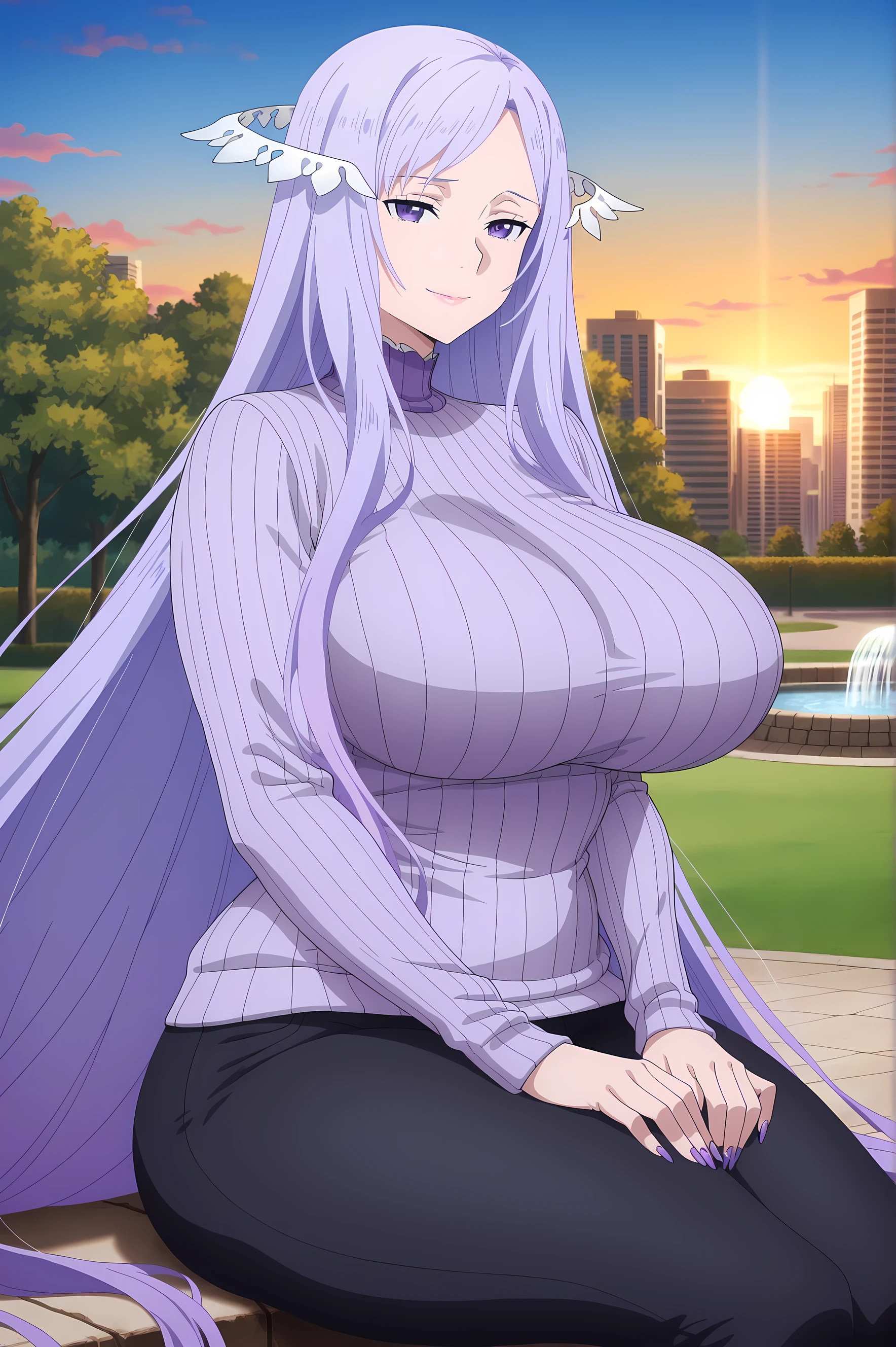 newest , masterpiece , anime screencap , anime coloring, best quality, quinella, 1girl, adult Mature female, long hair, purple nails claws, light purple hair, sidelocks, purple eyes, attractive face, strict attributes, ractical body shape, glamorous bodies, attractive bodies, fit bodies, motherly, large Curvy, Slutty, Neat, big breast, big hips, huge buttocks, thick thighs, Toned thighs, huge thighs, well-trained body, ((purple turtleneck sweater, black pants,)), sad Smile, lips, looking at viewer, sitting , cowboy shot , outdoors , park , blue sky , scenery , city filipino, Sunset,