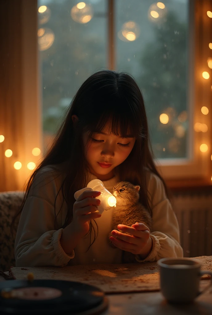 {
  "aspect_ratio": "9:16",
  "duration": "15s",
  "quality": "Ultra Realistic 16K HD",
  "style": "Lo-fi Cinematic",
  "prompt": "A young East Asian girl with long, dark hair sits in a softly lit Lo-fi aesthetic room during a gentle evening drizzle outside the window. She holds a tiny, fluffy baby animal in both hands and carefully feeds it warm milk using a small baby feeder bottle. The pet wiggles gently, blinking slowly as it drinks. Warm fairy lights glow behind her, casting soft bokeh and golden reflections. A vinyl record spins in the background, steam rises from a nearby ceramic mug, and dust particles float through the beam of warm ambient light. Ultra-realistic skin texture, lifelike fur detail on the baby animal, cinematic depth-of-field, slow close-up camera movement, emotional cozy atmosphere, hyper-detailed lighting and shadows."
}