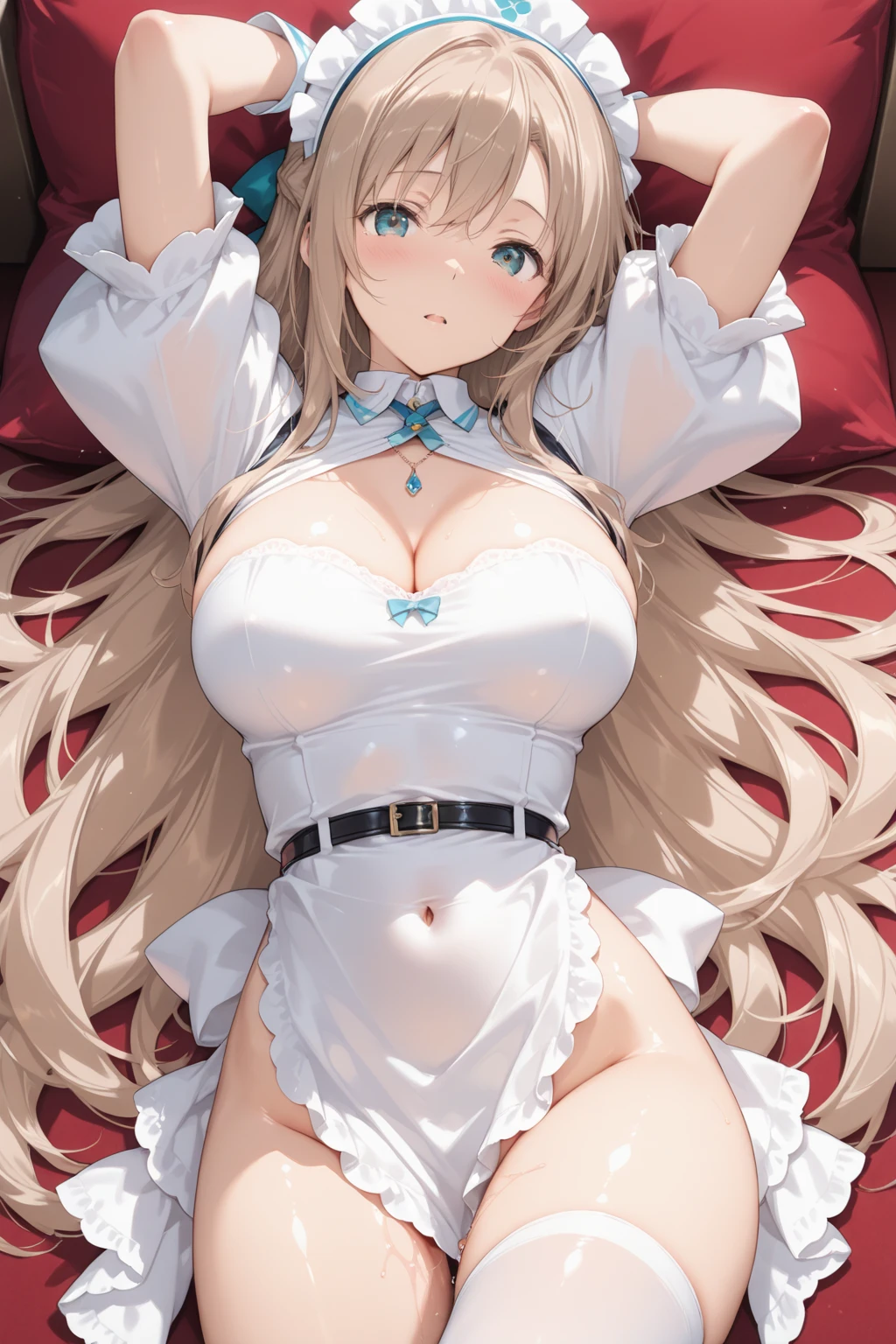 , in a Hotel, white bed, , (((1 Guy and 1 girl, having ))), Lie down position, Head on White Pillow, Immersive effects, Pleasure Expression, Pain Expression, , Long Blond Pigtail Hair, Blond blond blond, Goddess, Plump, Raised Sexy, Sexy White Dress, , lift up White Skirt, Epic composition, Top View, Thick eye lashes, 40 year old Matured, "HDR Ultra" detailed and with focus effect, (finely detailed beautiful Glowing Blue eye: 1.2), (finely detailed eyes and detailed face:1.3), (beautiful and clear background:1.2), (extremely details CG, Best Shadow:1.1), Depth of field and blur, (Very thin and beautiful: 1.1), (perfect detail: 1.1) Doodle style background, digitial illustration, Center, Highly detailed, Watercolor painting, art stations, concept-art, Sharp Focus, Thick Thigh, ( Fat Legeautiful watercolors, graffiti paint, Illustration of proportions, Tiny Nose, (Masterpiece, Best Quality), Sidelighting, soft looking big tits, tips of clearly visible, body lines are very sexy, Wide , Lace White Stockings, Lace White Arm Sleeves, the shape of the tips of the clearly visible,  visible,  float, Exposing the chest, Contrast enhancement, Depiction of dense hair, Detailed eye depiction, highquality, Top image quality, (( apart)) (((1 Guy and 1girl, having ))), thighs thighs thighs thighs, on stiletto, , , , show 