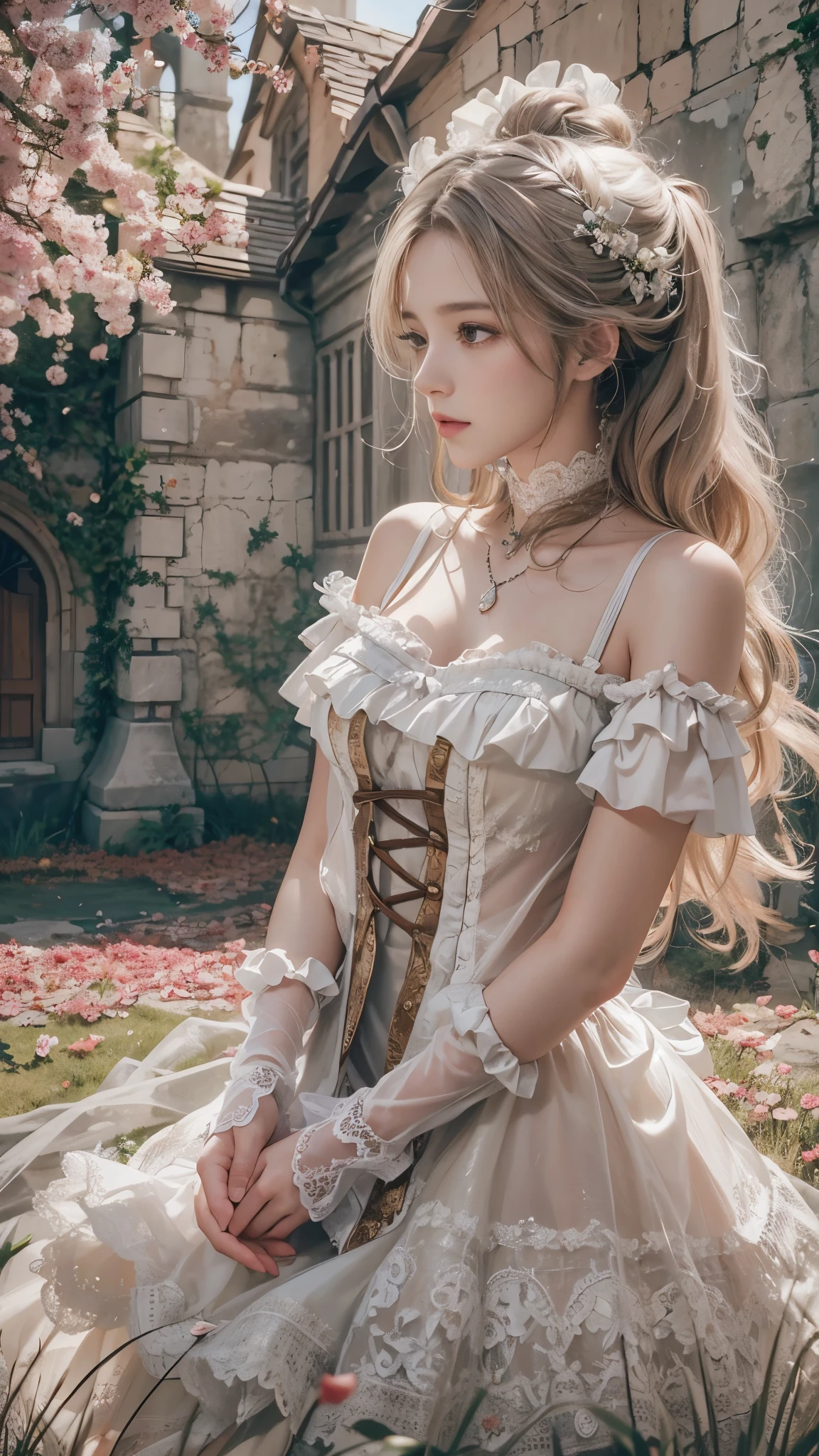 15 year old girl, , slim, flat , shoulder length white hair, extremely curly, Lovely, short dress, green color, Victorian, long sleeve, to the neck, showing her legs, holds a short sword with both hands. whole body, standing, In a forest, at night.