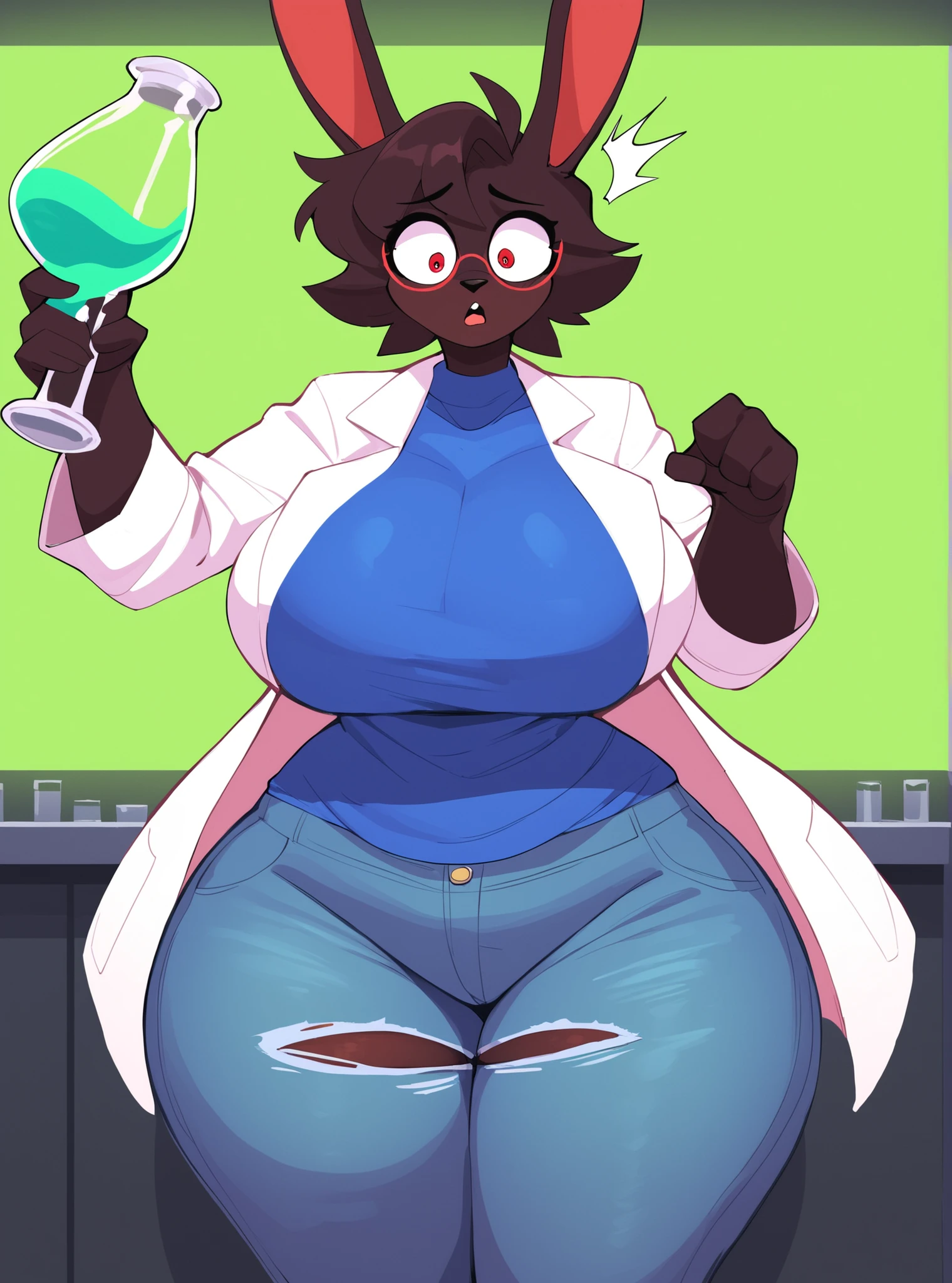 score_8_up, bunny, anthro bunny, body is covered with black fur, short hair, female, red eyes, White coat, blue shirt, Grey jeans, Laboratory, huge breasts, huge ass, huge hips, Cool pose, shy, futanary, huge penis, huge balls, surprised face, Holds a flask with green liquid, Large round glasses, Torn pants
[mature::0.1],
Cock ripping through pants, futanarization