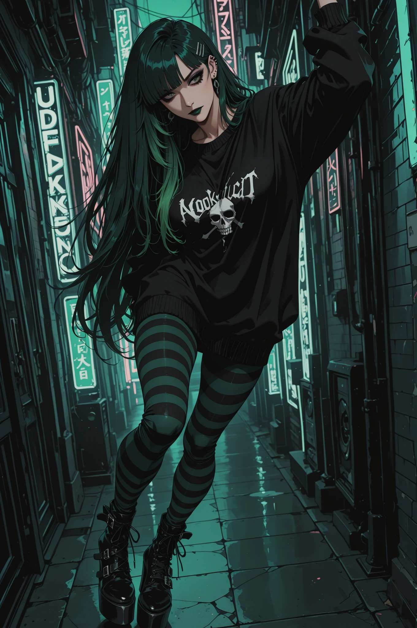 masterpiece, best quality, add detail, sharp focus, high contrast, deep focus, dynamic composition, dynamic angle, retro, anime, flat color, vector art,
BREAK
1girl, adult woman, emo wearing a multi-toned oversized sweater with gothic accents, striped leggings with grunge aesthetic, platform mary-jane shoes, dark green lipstick, smoky eyeshadow, heavy eyeliner, emo hair clips,labret piercings, dynamic pose, very long hair, bioluminecent black and green hair, green eyes, eyeshadow, makeup, neon wall background, club light effects,