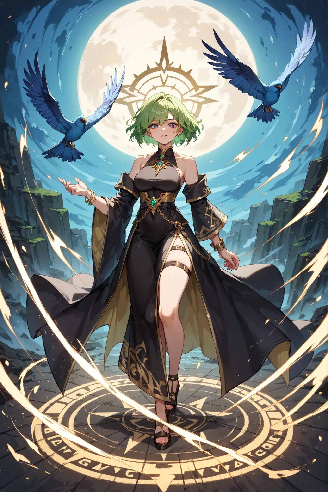 Bird's-eye view、full body, in detail、top quality、Girl with short green hair、perfect the shape of a girl's hand、Five fingers、The girl is 25 years old 、dark eyes、Black Mage、Black Robe、sleeveless、black bracelet、Gold Ornament、tiwst torso、It gives off a black aura in the background