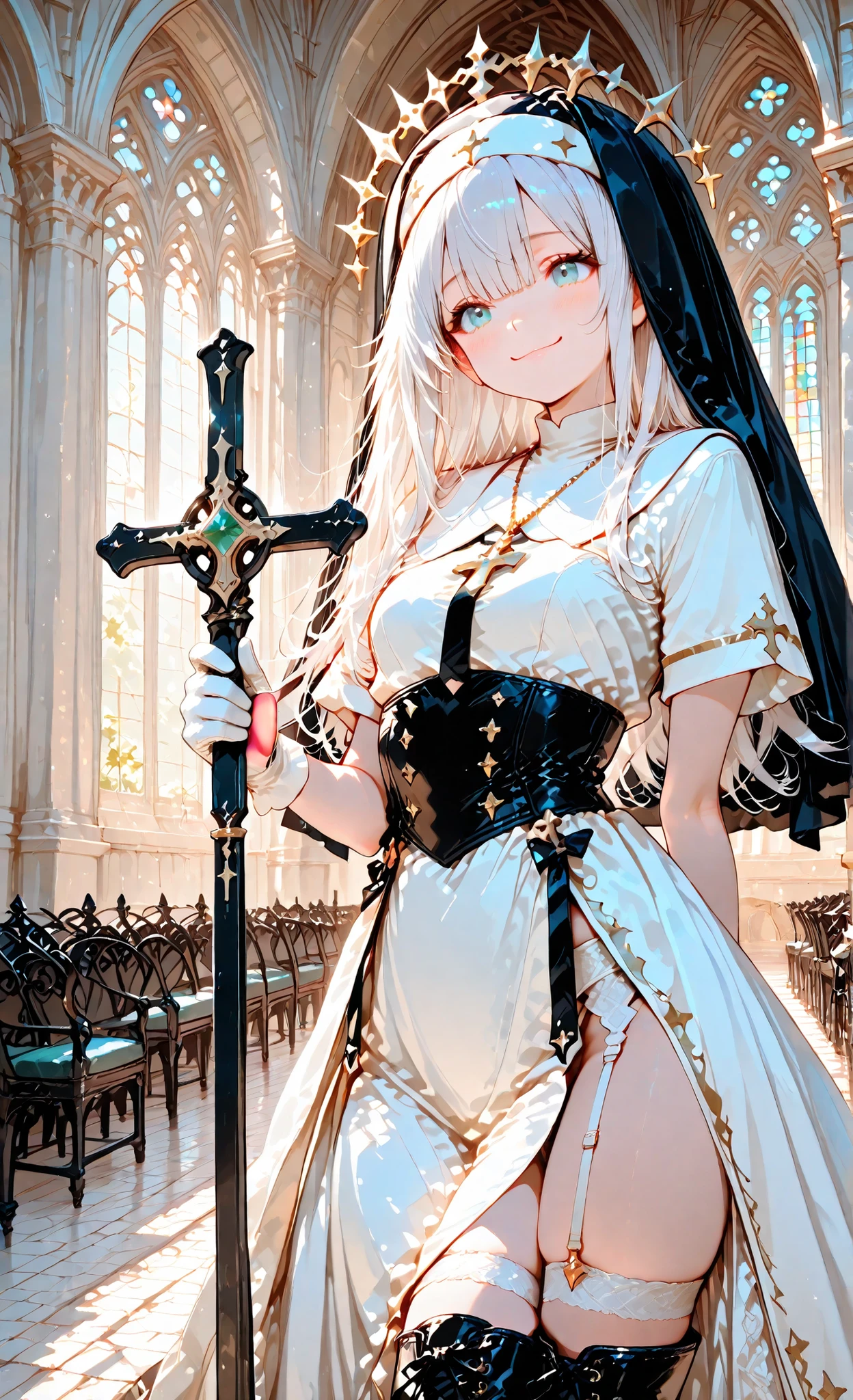 (masterpiece, or higher), High Resolution, 32K, Ultra Hi-Vision, super cute , very cute and elegant, long hair, gray hair, headdress, medium bust, green eyes , thigh height , dress, disconnect, black thigh height , white dress, 1girl, solo, thigh height , sister, Habit , boots, gem, necklace , blue eyes, medium chest, Exorcist Clothes, Short sleeve, long white gloves , White Waist Armor, white garter belt underneath top quality, High Resolution, warm atmosphere, carefully drawn hair, bright color , bright smile, holding a cross , Pray to God , drives away fearsome demons , prayer