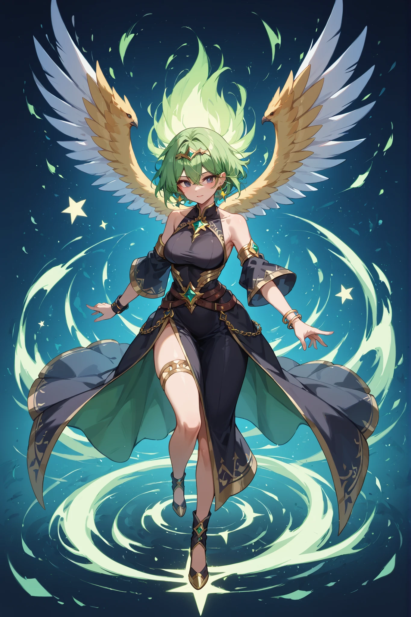 Bird's-eye view、full body, in detail、top quality、Girl with short green hair、perfect the shape of a girl's hand、Five fingers、The girl is 25 years old 、dark eyes、Black Mage、Black Robe、sleeveless、black bracelet、Gold Ornament、tiwst torso、A lot of stars are shining in the background、The girl gives off an aura of magic、Massive Attack Magic、kirakira