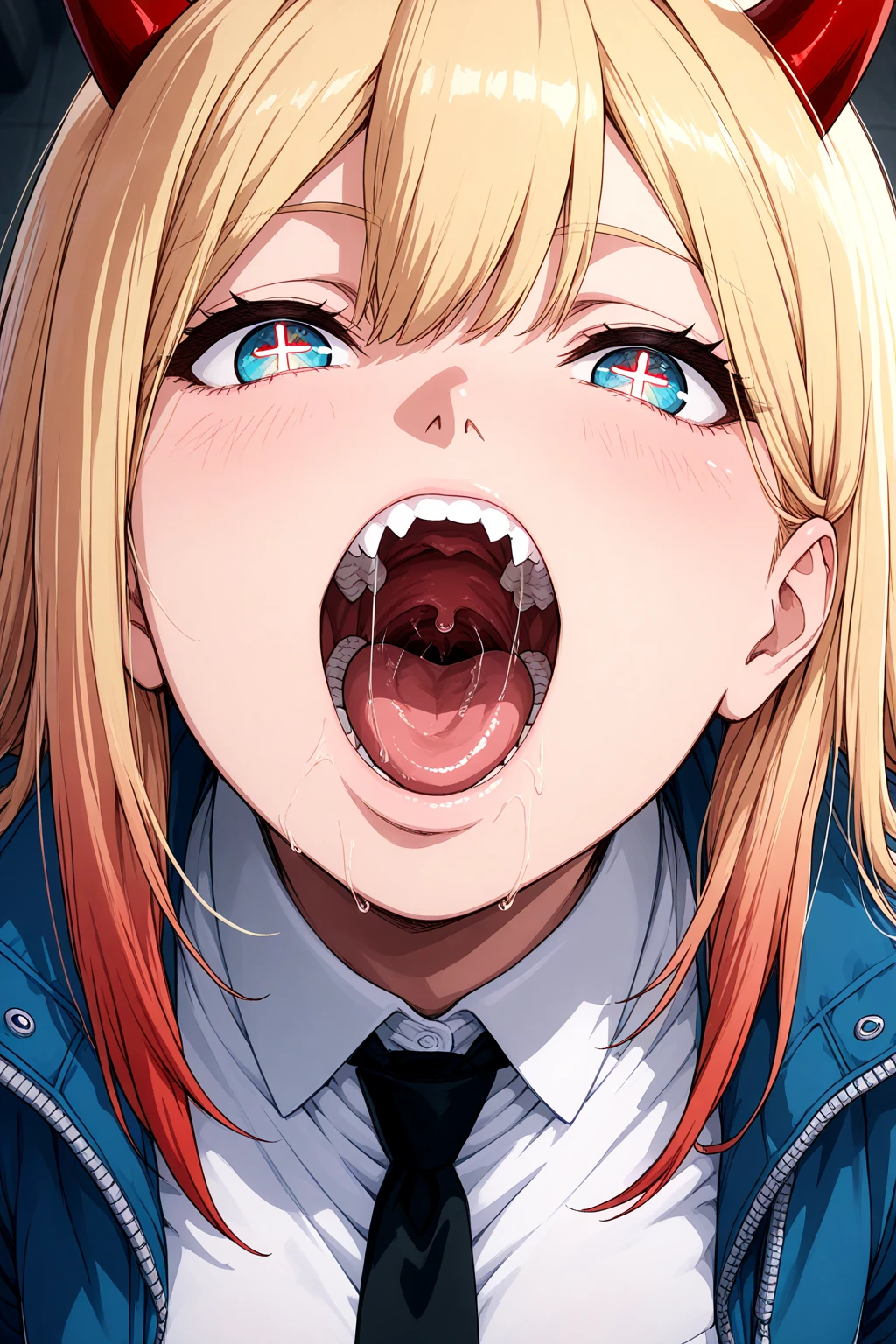 masterpiece, Best Quality, High resolution,, One girl, Open your mouth, Sticking out tongue,(Blonde twin tails),Completely 、Small breasts、、Realistic tongue、((Very long tongue:1.2)),(( in mouth:1.4))、((Flat chest:1.4))、((Lots of drooling:1.2)),((Grin)),Brat,Crouch down、Squat,Realistic ,生意気なBrat、((Vulgar expression:1.7))
