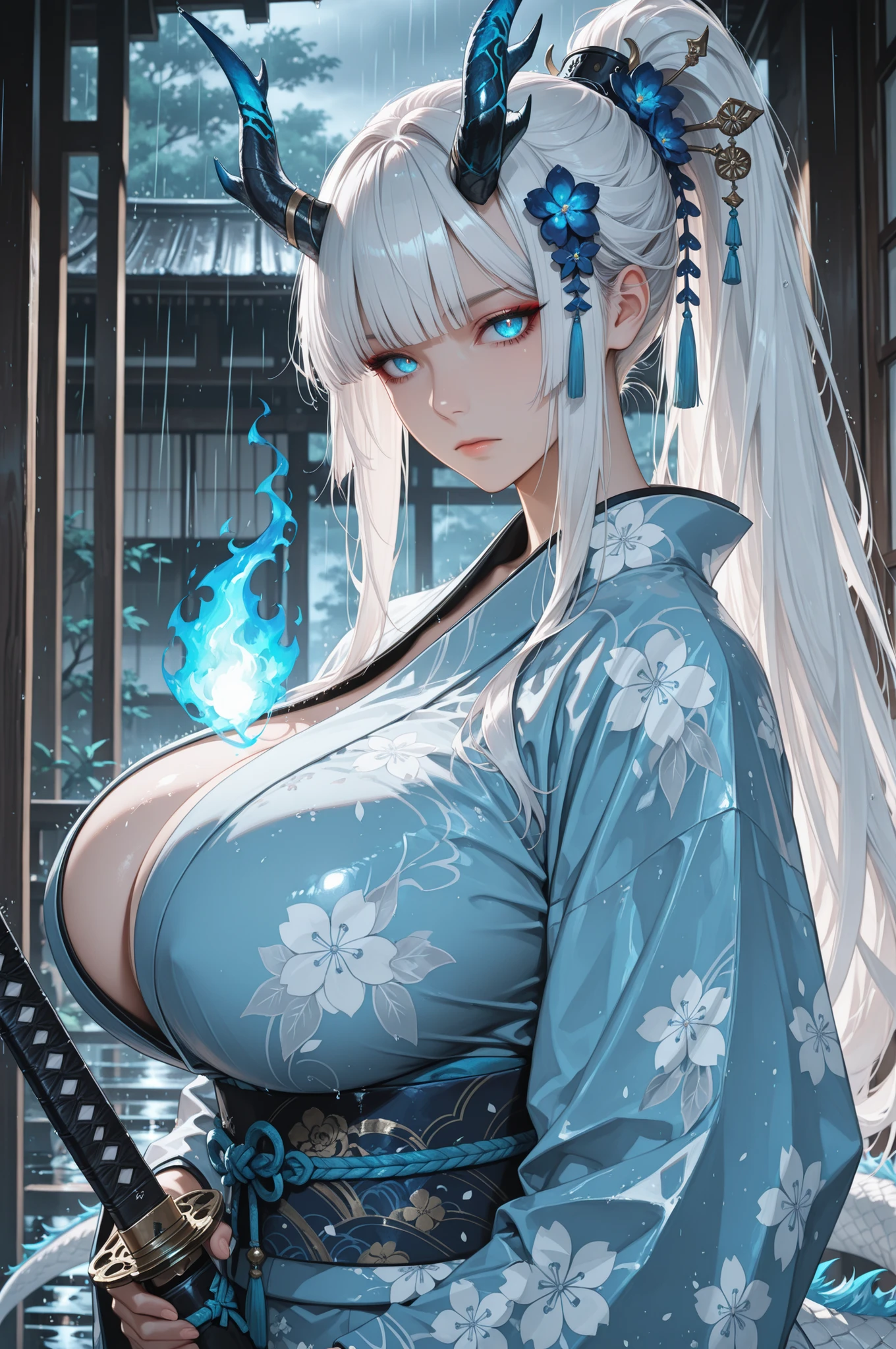 masterpiece,best quality,1girl,solo,absurdres,
1girl,weapon,sword,blue eyes,solo,horns,japanese clothes,kimono,tail,katana,ponytail,white hair,looking at viewer,rain,bangs,hair ornament,glowing,sash,dragon girl,long sleeves,floral print,dragon tail,closed mouth,obi,blue fire,long hair,dragon horns,wide sleeves,
upper body,