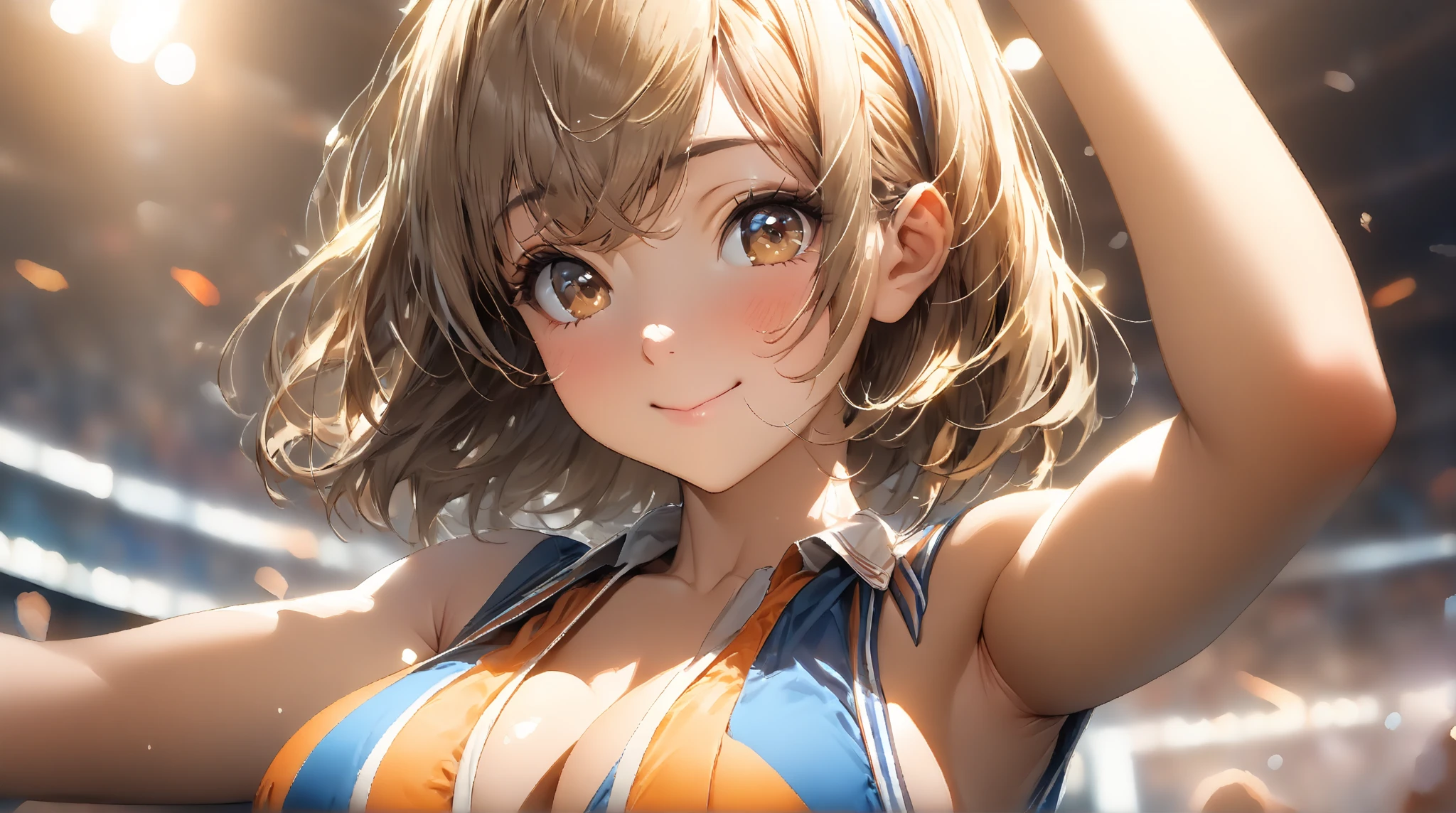 1girl,solo,cowboy shot,standing,(brown hair:1.2),short hair, braided bangs,one side up,(perfect anatomy:1.4),(arms_behind_back:1.6),(skate costume),small breasts,(beautiful breasts:1.2),(masterpiece,best quality:1.2),(Ultra high definition eyes:1.2),8k,(Beautiful detailed eyes:1.2),(Fine and beautiful eyes:1.2),(pretty eyes:1.2),finely detail,extremely CG, absurdres,high resolution,illustration,Detailed and beautiful outlines,finely detail,high resolution,(colorful refraction:1.4,Increase saturation:1.2),beautiful lighting,bright lighting,dynamic lighting,closed room,simple background, smile,looking at viewer,yuitsuka inori