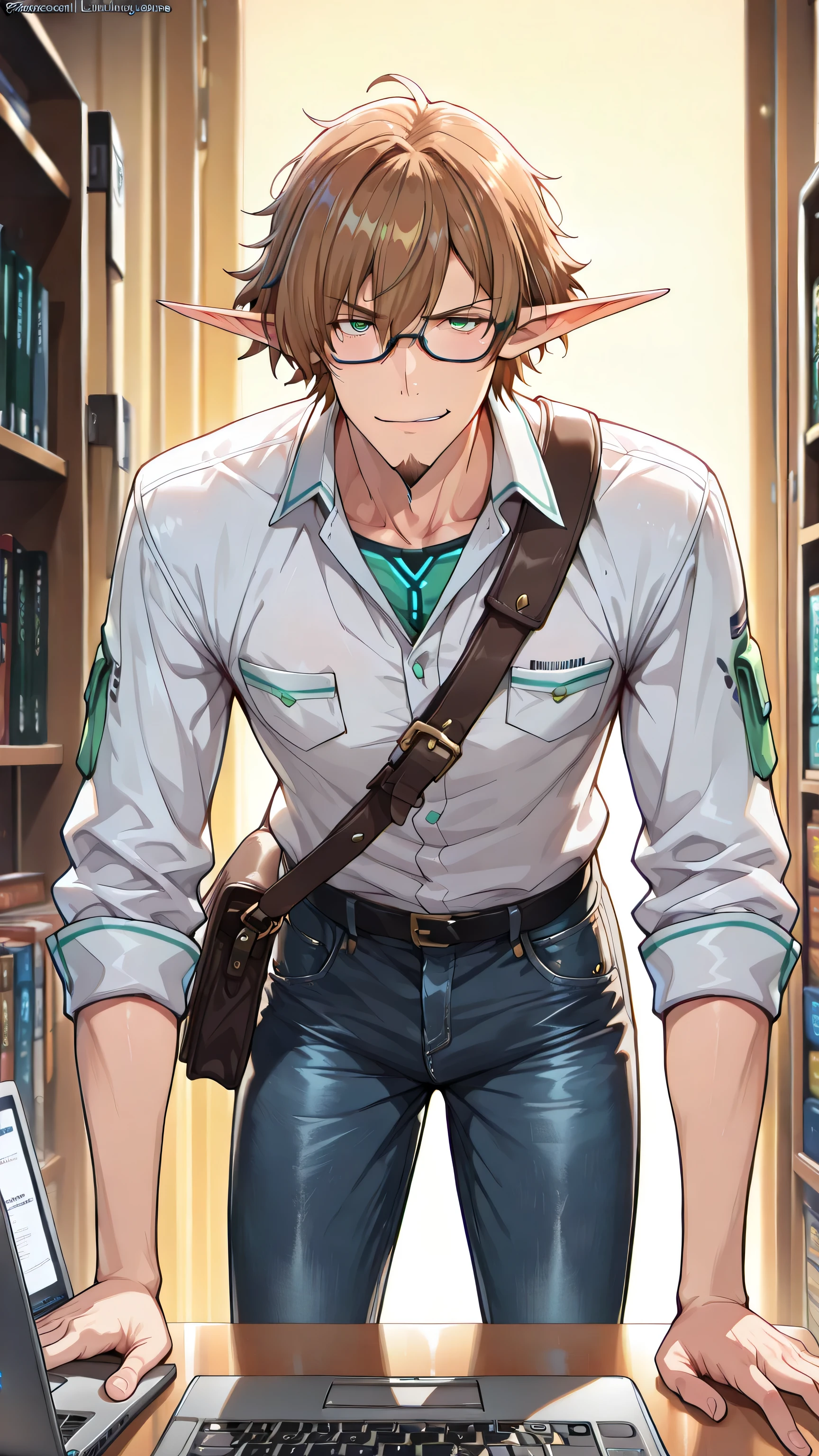 masterpiece, ultra-detailed, best quality, (1 boy, solo, male elf, modern elven hacker, thin-framed glasses, emerald green eyes, slight smirk, pointed ears, (chestnut brown hair, short hair), (chestnut brown facial hair, goatee), angular jawline, (crisp white shirt with code symbols, dark bluedenim jeans), leather black messenger bag with laptop peeking out, multiple tech gadgets and hacking tools visible hanging from bag, cybersecurity books on desk), dynamic standing pose, university library background, warm golden lighting, modern setting, fantasy art style, detailed close up on mid and upper body focus from knees upward, clear view from knees upward, looking at viewer
