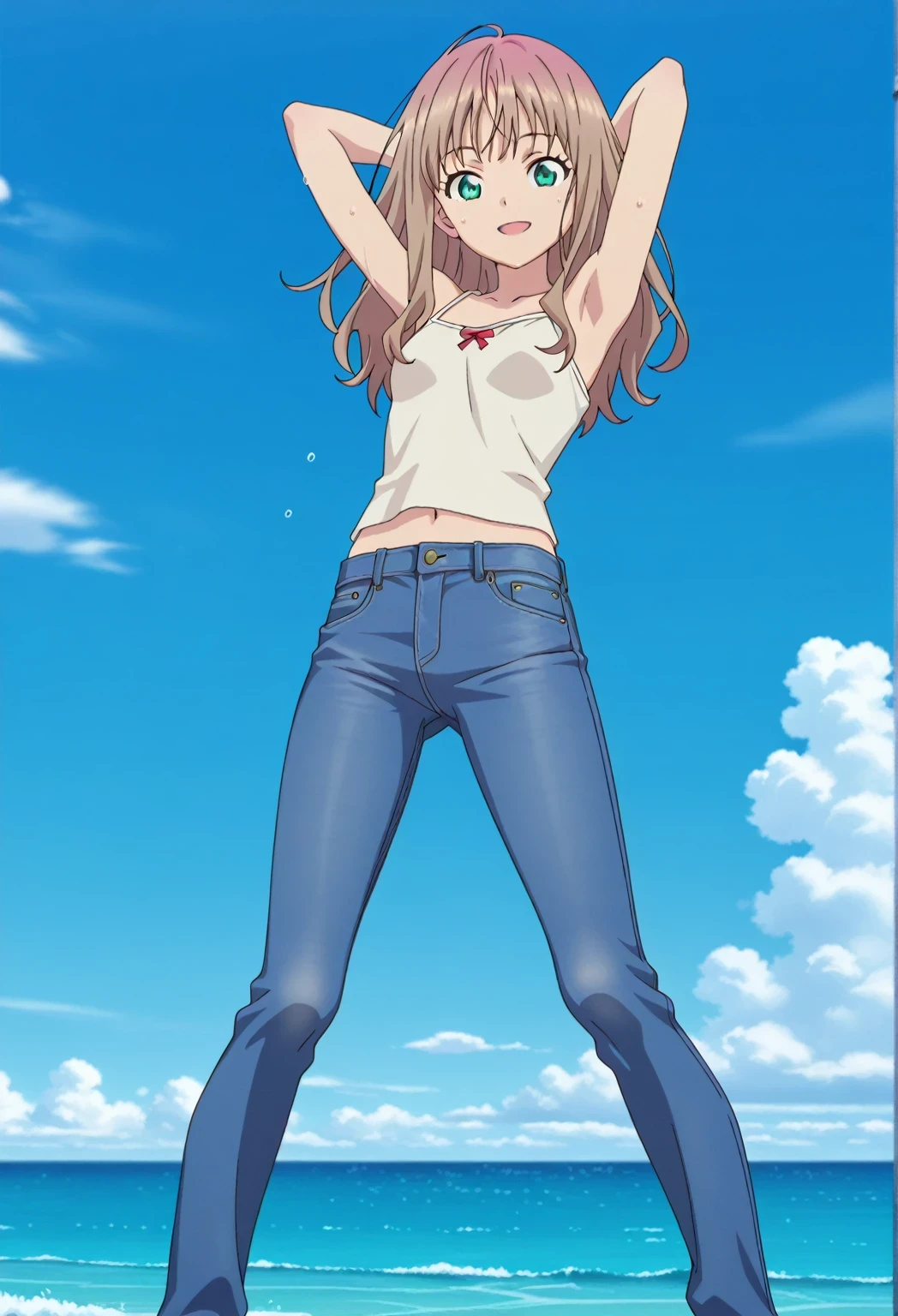 score_9, score_8_up, score_7_up, source_anime, highres, hi res, ((best quality, top quality, perfect quality, Highest Quality, amazing quality)), {{masterpiece}}, {{an extremely delicate and beautiful}}, 2d, intricate details, official style, anime, 8k, anime style, official_anime, official art, digital painting, cell shading, soft shading, high resolution, soothing tones, Subdued Color, Soft cinematic light, adobe lightroom, photolab, HDR, intricately and hyper-detailed, ((high quality animation)), 1 girl, Alone, solo, ((ocean)), tsunami, on the water, day, sunny, outdoors, sky, windy, yume minami, SSSS.Dynazenon, brown hair, long hair, green eyes, anime coloring, anime screencap, small breasts, light beige camisole top, crop top, light beige crop top, best quality, hyper-detailed jeans, ((blue jeans:1.9)), (dark blue jeans:0.6), medium body, medium shot, Open mouth, small smile, sweat, standing, hyper-detailed arms, ((arms behind head:6.0)), ((perfect arm line:3.5)), ((hyper-detailed arms:2.5)), balance arm, raise elbows, bowlegged, natural stand pose, action, looking at viewer, spread legs, Bend knees slightly, from below