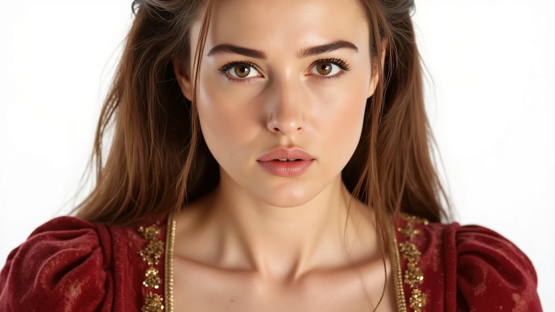 Genna Lannister is a mysterious woman,shows her in a smooth and delicate outfit,adorned with intricate jewelry,including her elegant and gorgeous brooch,wears a stunning red velvet dress,adorned with brilliant gold embroidery。Her golden hair radiates dazzling tones,elegantly laid in dense layers,Vibrant and confident style。bright purple eyes full of wisdom and drama,Gentle and vibrant。white background。Wealthy but intimate,radiates charm and sophistication,medieval fantasy,noble