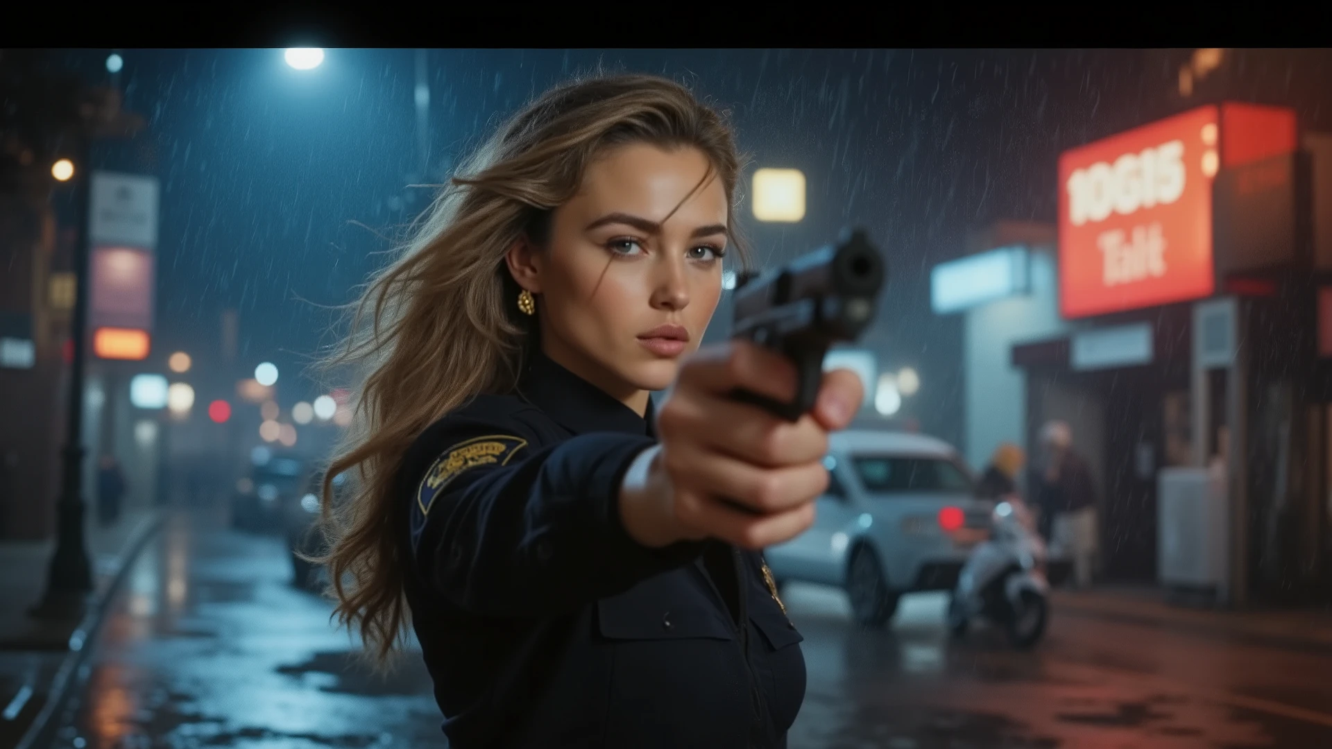1 female、american beauty、Super beautiful、Beautiful Face、blue eyes、standing、New York police uniform、miniskirt、Blonde、Night Street、backlight on a quiet night、the wind is blowing、that's It's raining、he's staring at the barrel.、Sci Up Shot、pointing pistol