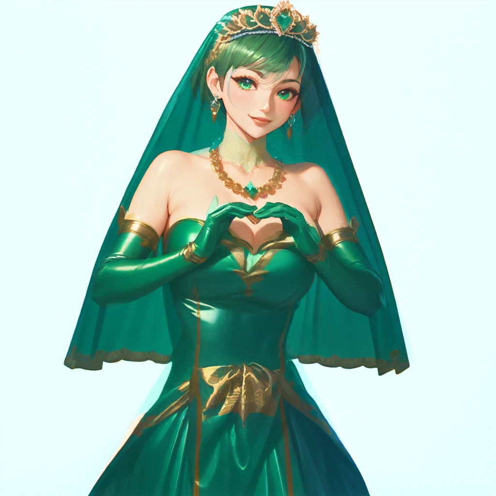 Emerald tiara, Green Pearl Necklace, ボーイッシュな非常に短いGreen Hair, Green Lips, Smiling Japanese woman, Very short hair, Busty beautiful lady, Green Eyes, Green satin long gloves, Green Eyes, Emerald Earrings, Green veil, Vsain, Green Hair, Beautiful Japanese Women, green lip gloss