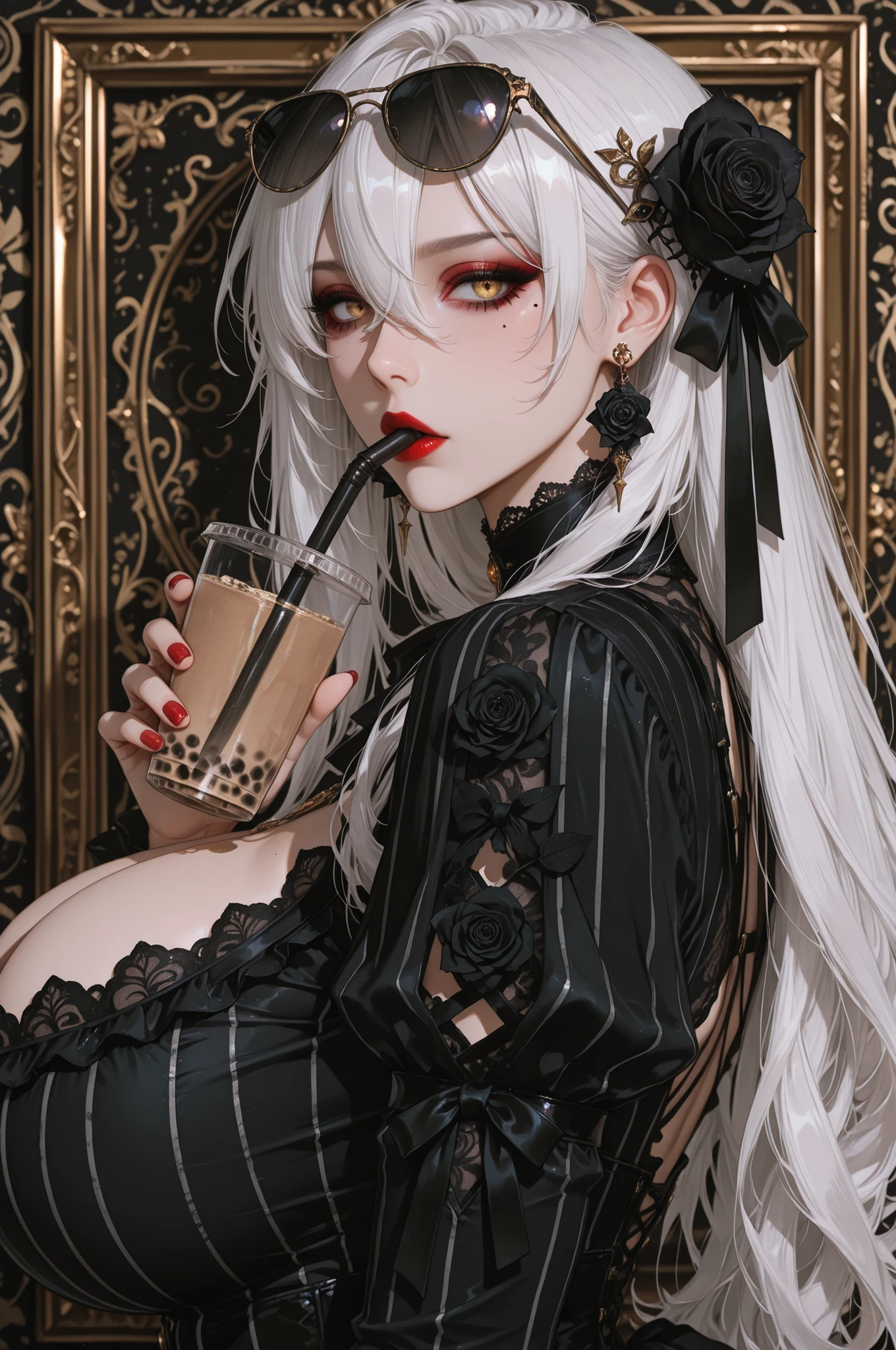 masterpiece,best quality,amazing quality, 1girl, solo, long hair, looking at viewer, gold eyes, hair ornament, dress, holding, jewelry,upper body, black rose, earrings, food, detached sleeves, hair rose, gothic dress, lace, ribbons, nail polish, mole, from side, cup, looking to the side, mole under eye, makeup, black dress, fruit, abstract gold background, sunglasses, holding cup, eyewear on head, red nails, black flower, vertical-striped clothes, drinking straw, goth theme, drink, red lips, gothic dress, vertical-striped dress, holding drink, bubble tea, drinking straw in mouth, , white hair,long hair,hair between eyes