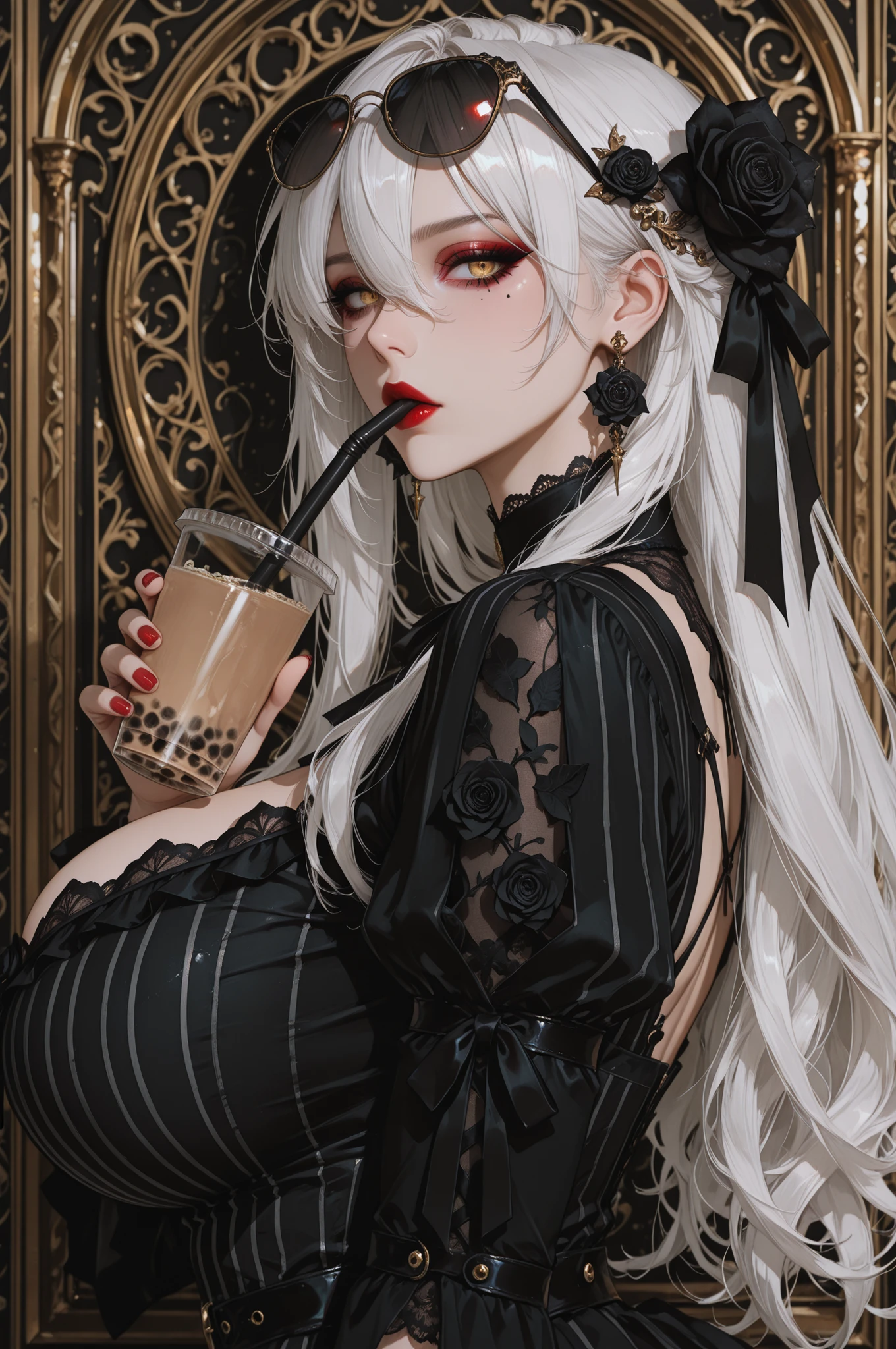 masterpiece,best quality,amazing quality, 1girl, solo, long hair, looking at viewer, gold eyes, hair ornament, dress, holding, jewelry,upper body, black rose, earrings, food, detached sleeves, hair rose, gothic dress, lace, ribbons, nail polish, mole, from side, cup, looking to the side, mole under eye, makeup, black dress, fruit, abstract gold background, sunglasses, holding cup, eyewear on head, red nails, black flower, vertical-striped clothes, drinking straw, goth theme, drink, red lips, gothic dress, vertical-striped dress, holding drink, bubble tea, drinking straw in mouth, , white hair,long hair,hair between eyes