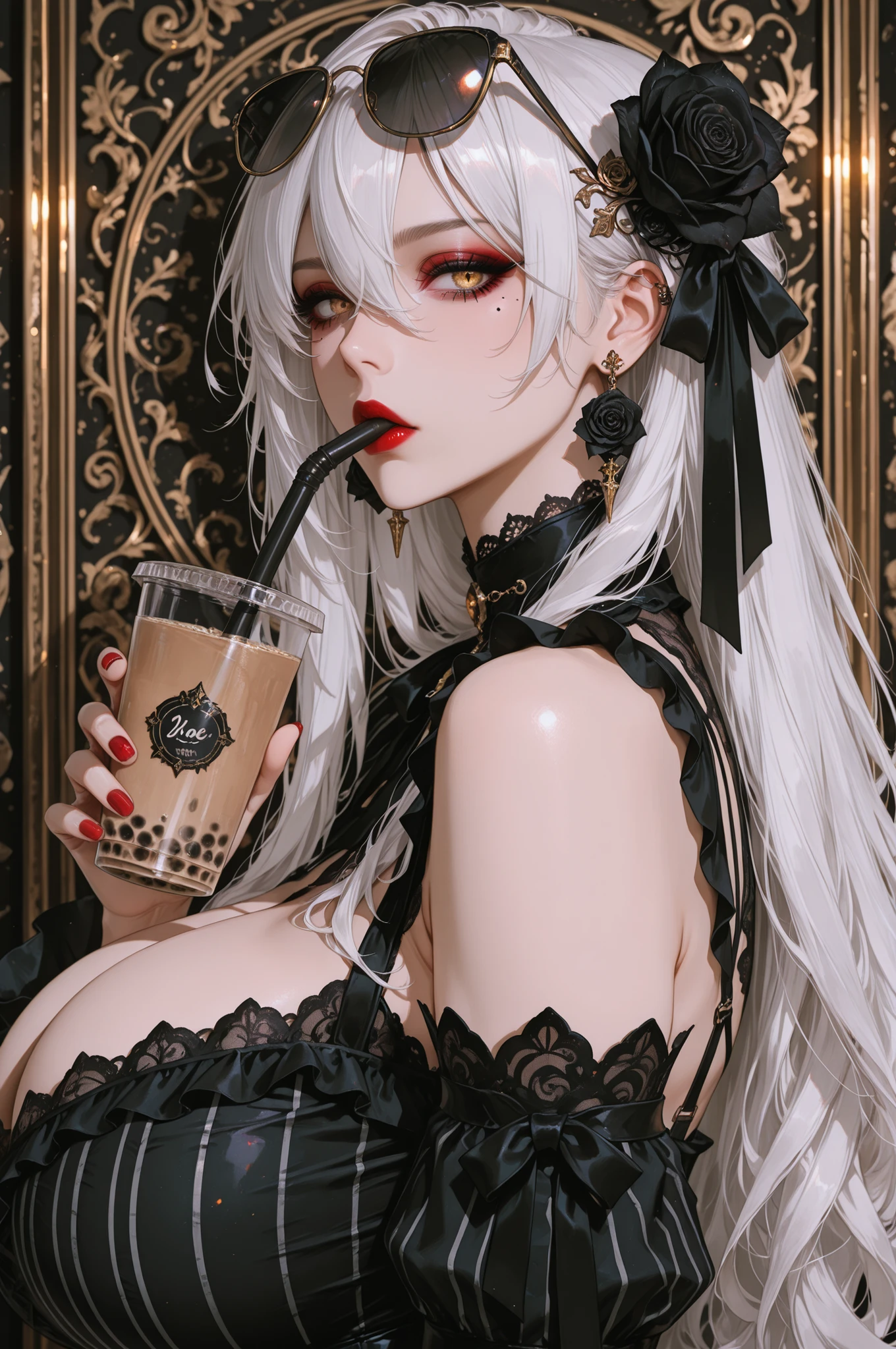 masterpiece,best quality,amazing quality, 1girl, solo, long hair, looking at viewer, gold eyes, hair ornament, dress, holding, jewelry,upper body, black rose, earrings, food, detached sleeves, hair rose, gothic dress, lace, ribbons, nail polish, mole, from side, cup, looking to the side, mole under eye, makeup, black dress, fruit, abstract gold background, sunglasses, holding cup, eyewear on head, red nails, black flower, vertical-striped clothes, drinking straw, goth theme, drink, red lips, gothic dress, vertical-striped dress, holding drink, bubble tea, drinking straw in mouth, , white hair,long hair,hair between eyes