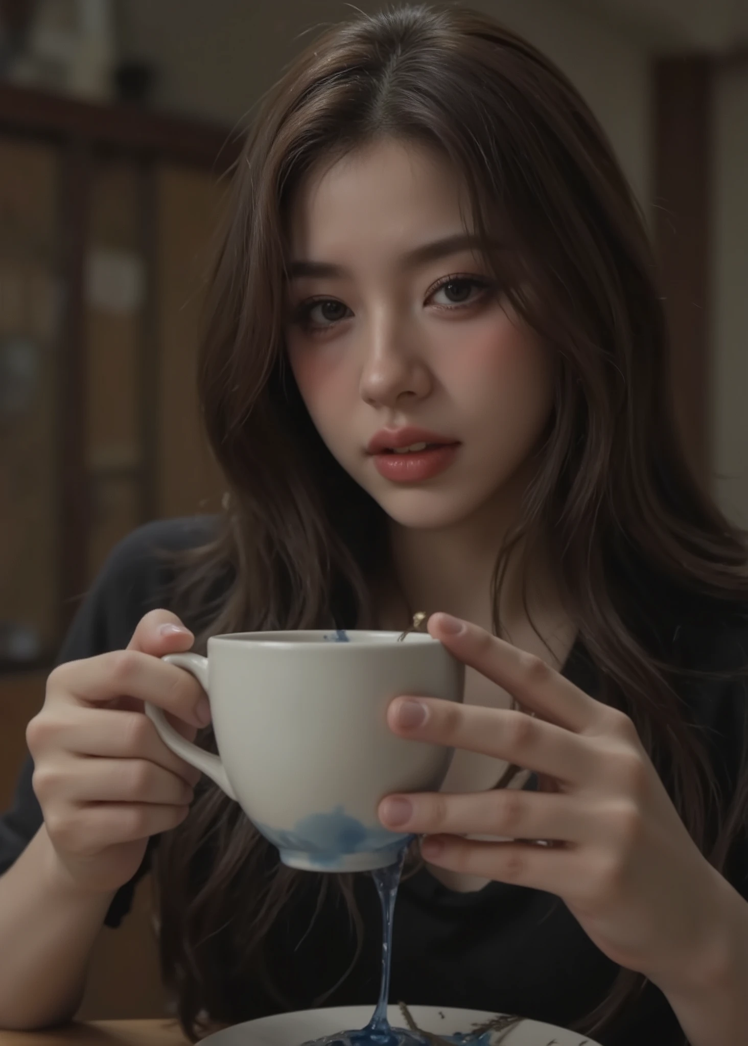 for adults,Scrivenism,((live action movie scene)),very detailed,The witch girl is trying to make Dorothy drink the poison in the cup、cup trying to get rid of with her hands,There is blue-black sticky poison in the、Warbling Dorothy、