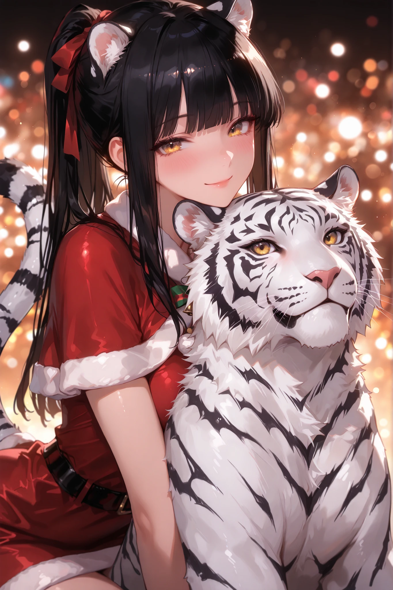 (masterpiece, highest quality), (very beautiful), soft lighting,
1 girl, black hair, long hair, ponytail hair, blunt bangs, sidelocks, gold eyes, cat-like features, white tiger ears and tail, confident smile, gentle atmosphere,
Santa dress, x-mas, christmas, bokeh, cozy mood