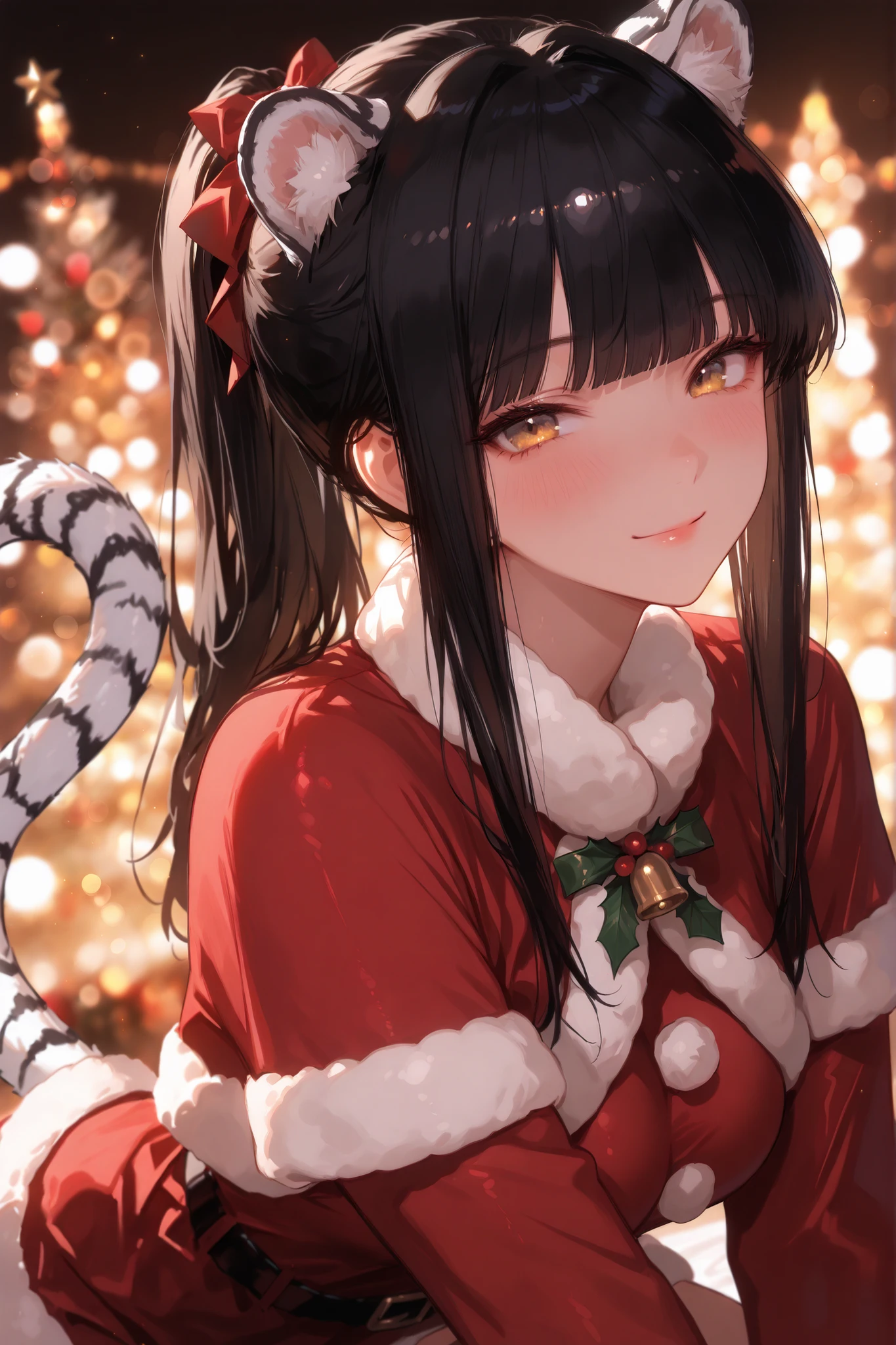 (masterpiece, highest quality), (very beautiful), soft lighting,
1 girl, black hair, long hair, ponytail hair, blunt bangs, sidelocks, gold eyes, cat-like features, white tiger ears and tail, confident smile, gentle atmosphere,
Santa dress, x-mas, christmas, bokeh, cozy mood