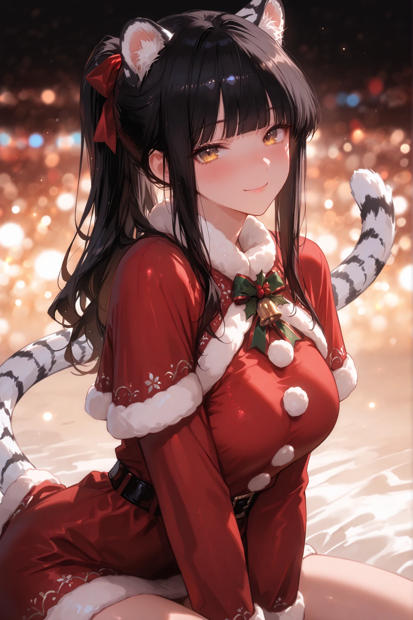 (masterpiece, highest quality), (very beautiful), soft lighting,

1 girl, black hair, long hair, ponytail hair, blunt bangs, sidelocks, gold eyes, cat-like features, white tiger ears and tail, confident smile, gentle atmosphere,

Santa dress, x-mas, christmas, bokeh, cozy mood