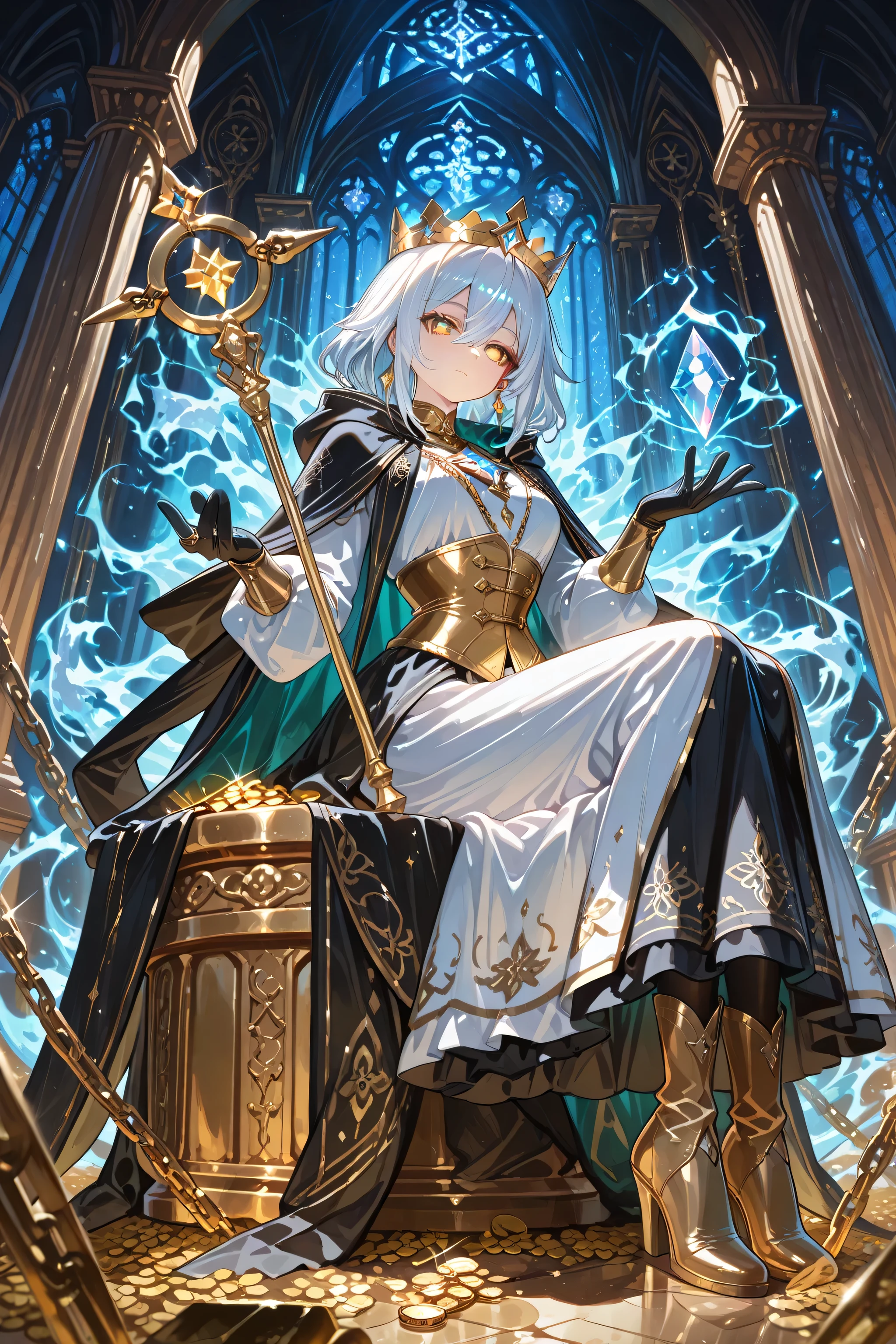 ((detailing)), (8K Ultra HD), (masterpiece), (extremely detailed), (best illustration), lighting, detailed brightness, (well-defined eyes, extremely detailed 8K HD), (accurate ), (five fingers on each hand, detailed 8K HD), (eyes 8K HD), (defined face 8K HD), (two legs).

A magical girl dressed in a golden crystal corset and a long skirt of floating coins, in a fractal vault illuminated by suspended gold ingots. Her wand is a golden key with a gem. Her diamond crown floats above her head, and her eyes reflect other people's desires. The background is filled with display cases. She sits delicately on a golden . Both feet are perfectly positioned, showing sophistication as she sits.

General Traits
• Height: Medium, but always appears taller due to the way she projects herself.

• Skin: Pale with metallic reflections, like porcelain bathed in antique gold.

• Hair: Straight, long, and perfectly styled, pale gold with silver streaks. Each strand resembles a security chain.

• Eyes: Cold, icy blue with diamond-shaped pupils.

Attire
• Dress: A golden crystal corset encrusted with broken contracts. The long skirt is a cascade of floating coins. Each coin:

• Cape: Made of receipts, deeds, and broken promises, embroidered with gold threads that unravel at the touch.

• Gloves: Black velvet with gold stitching. On each finger, a ring with a transaction symbol:

• Boots: Heels,

Aura and Presence
• Aura: An accumulation field.

• Stage Presence: When she appears, the background transforms into a vault. The lights dim,
