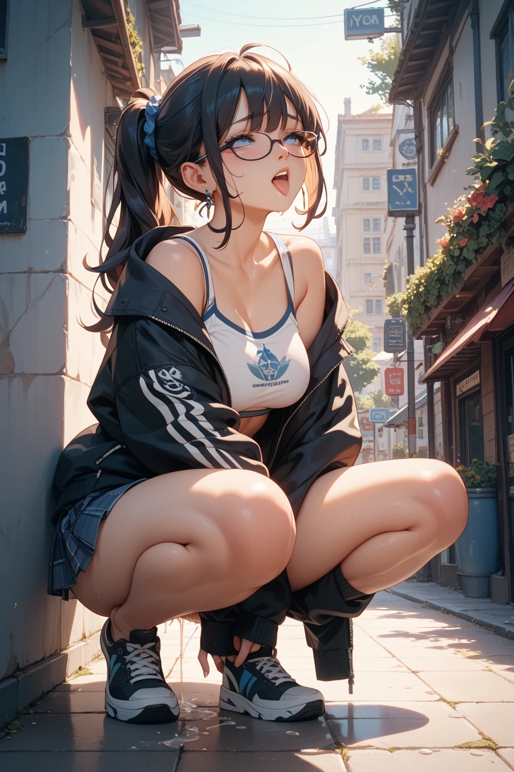 videl,slender,shirt, fingerless gloves,((bike shorts)),(cameltoe:1.3),(white shirt), Plain shirt,see through,wet,sports bra,under bust,black hair,forehead,low twintails,smile,blush,(sweat,steam:1.3),(squatting,open legs),masterpiece,Noise Reduction,perfect anatomy,high resolution, ultra-detailed,game cg,dutch angle ,beautiful detailed eyes,visualart,five fingers, perfect hands, perfect lighting,