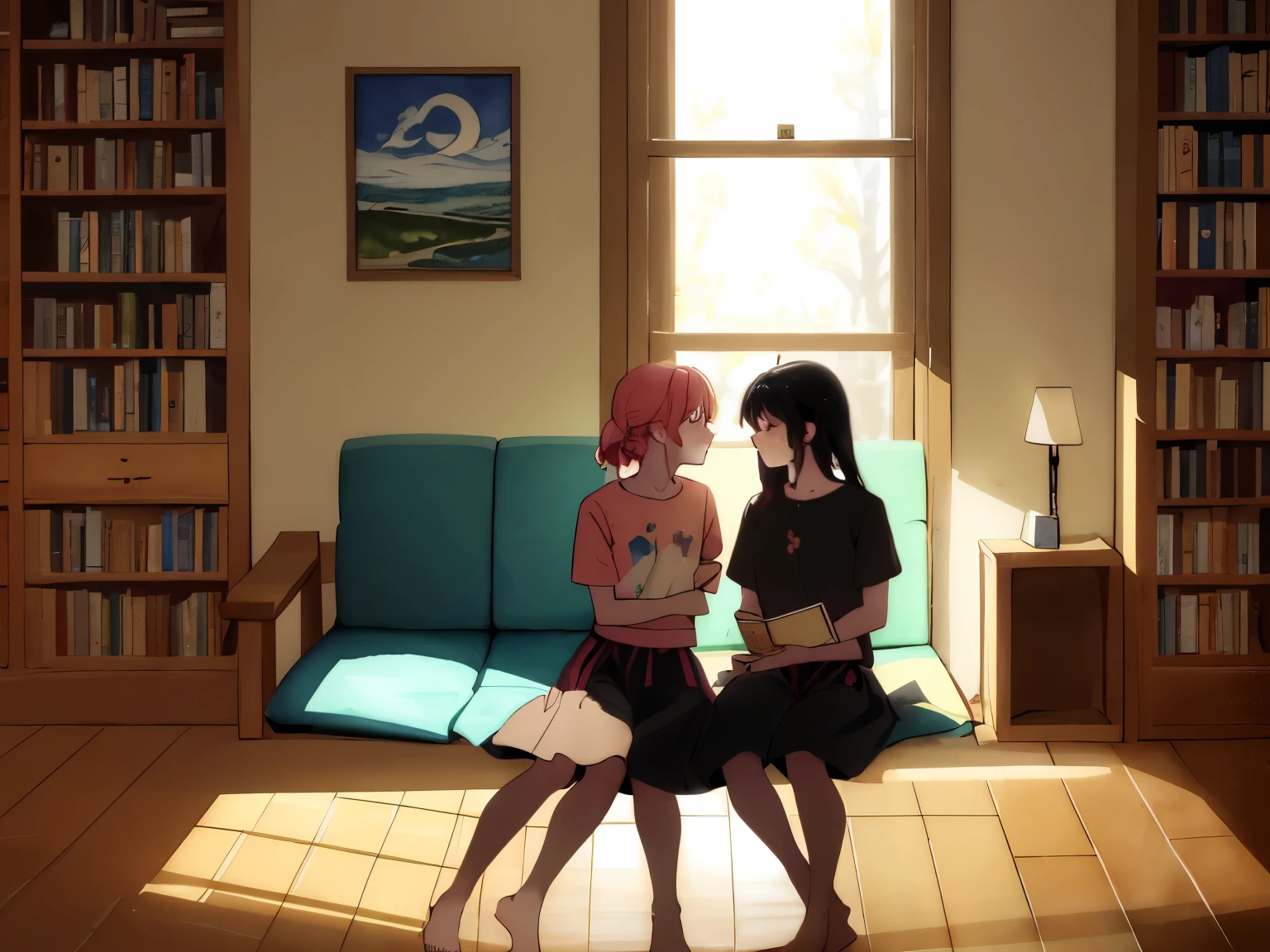 A philosophical and emotional artwork depicting two people having a deep, respectful dialogue. 
Their bodies sit in stillness, but swirling watercolor smoke rises from each figure, merging in the center as a soft golden light. 
The merging smoke contains faint shapes—books, roads, windows, abstract symbols—representing shared stories and personal worldviews. 
One person's smoke gently sharpens into clearer outlines, symbolizing their worldview becoming defined through dialogue. 
The room is softly lit, with warm wooden textures and gentle air particles floating. 
Art style: dreamy watercolor + subtle ink lines, slightly abstract, calming. 
Emotional tone: clarity, mutual respect, intellectual curiosity.