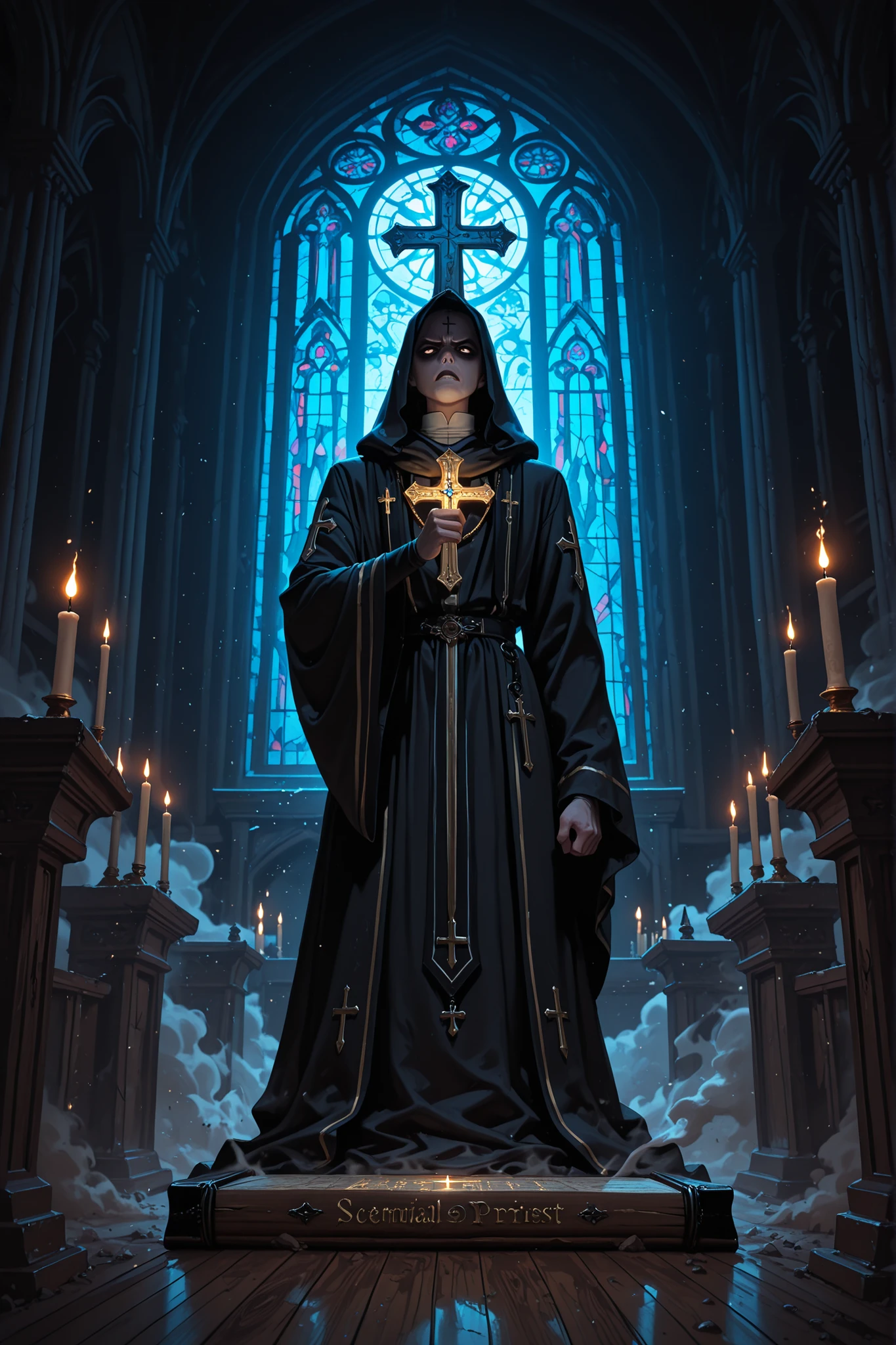 masterpiece, high quality, ultra-detailed, exorcist priest in ceremonial robes, intense determined expression, holding sacred cross, powerful stance, ritual chalk markings on wooden floor, abandoned gothic church interior, moonlight streaming through stained glass windows, dust particles floating in beams of light, ominous shadows in corners, flickering candles, ancient grimoire open on altar, holy water vials, incense smoke swirling, dramatic lighting, tense atmosphere