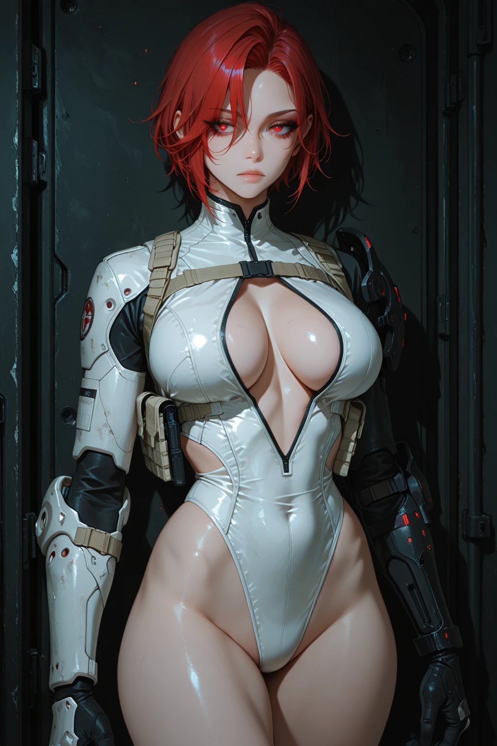(photo realistic1.2),ultra detailed,(8K),(1girl),(cyberpunk:1.5),(ruins),(bed),Matte clothing,(cyberpunk costume:1.5),Futuristic Weapons,Future Items,Goggles of the Future,???????, (small ???????), (???????????: 1.2),???? gravure, beautiful Japanese, clothes in disarray,earrings,(from above:1.5),(looking at viewer),(kneeling pose),smirk,(upper body),(???????????:1.2),(orange hair),(short hair),22years old,