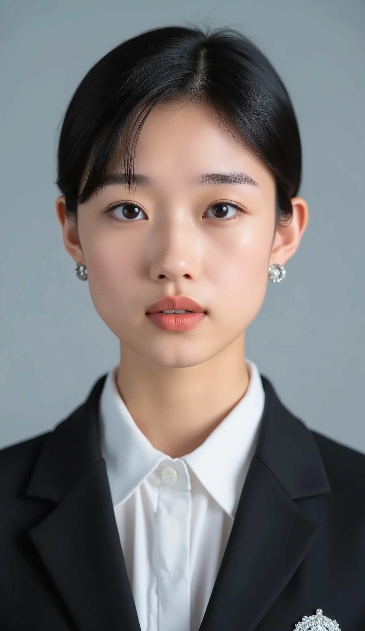 Passport photo of a neat young woman、facing directly、camera list、office lady suit、jacket、shirt、、、ear piercings、前髪あり、、、無表情、、、has closed its mouth、face close-up、grey background
