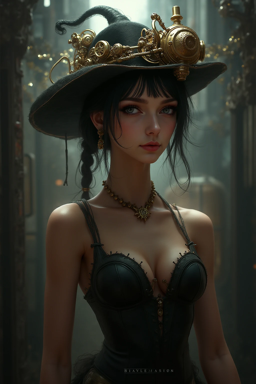 steampunkai。highest quality。masterpiece。detailed details。one girl。little cute girl。steampunk witch。witch hat。witch's clothes。long light brown fluffy hair。smile。carry a big broom。Running on the road。The background is a forest with bright light shining through.。