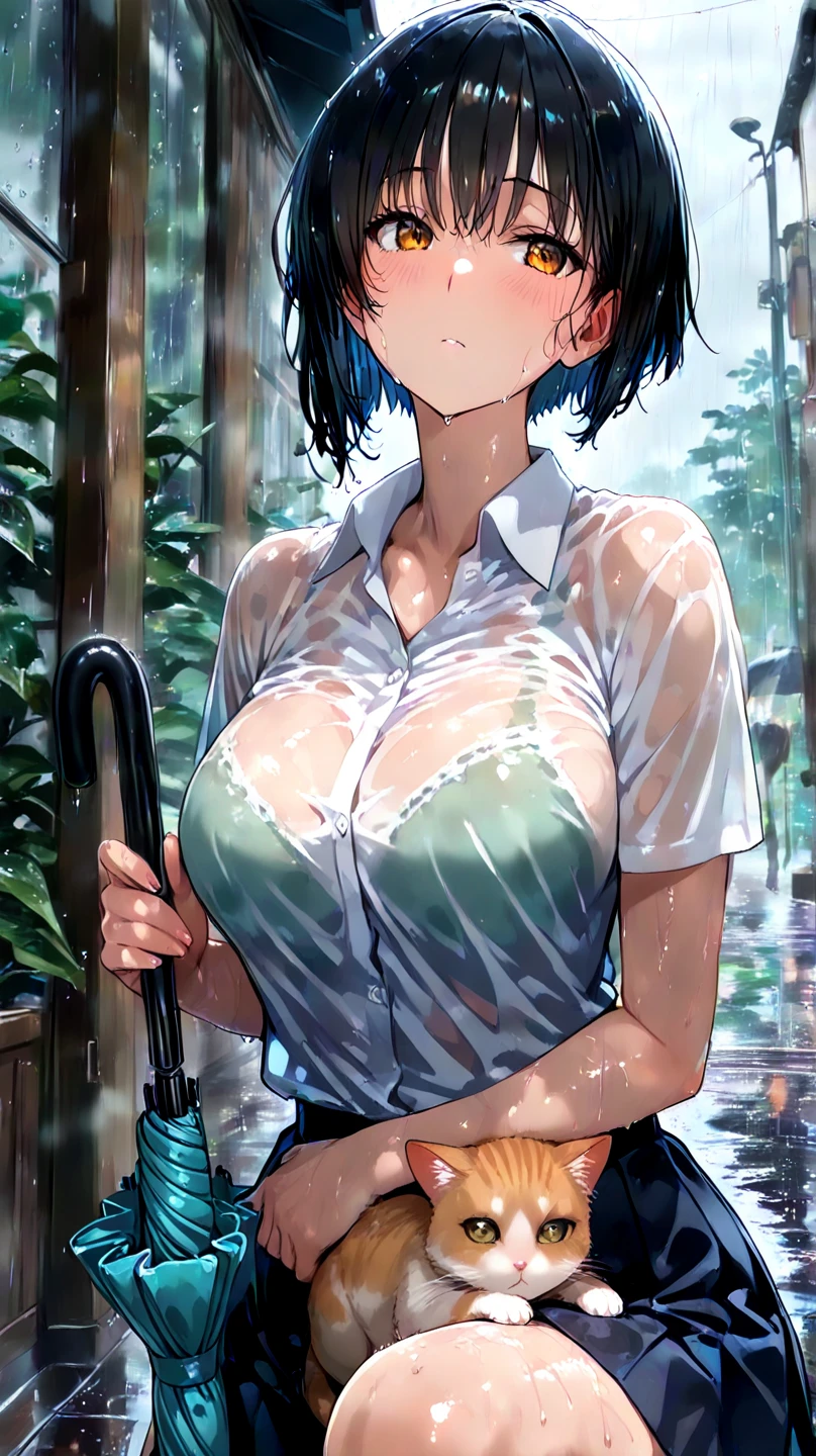 mmasterpiece, (best qulaity:1.3), 8K, wallpaper, depth of field, (1girl, hair ornament, (wet), (light blue bra:1.3), (unbuttoned shirt, ??????????:1.4), ((closed mouth)), outdoors, blush, garden, (rain, grey sky:1.3), ((???????????, cleavage)), (collarbone), (navel), pleated skirt, short_sleeves, looking at viewer)