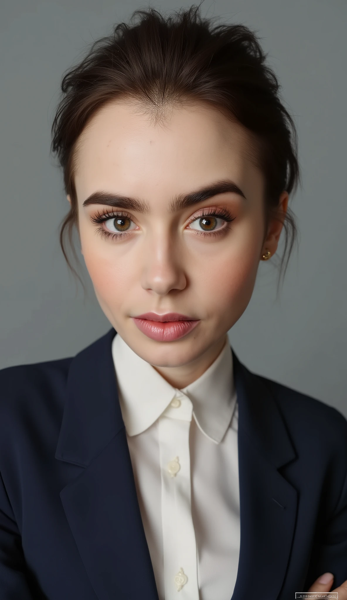 Passport photo of a neat young woman、facing directly、camera list、office lady suit、jacket、shirt、、、ear piercings、前髪あり、髪型ショートヘア、ウェーブヘア、無表情、、、has closed its mouth、face close-up、grey background