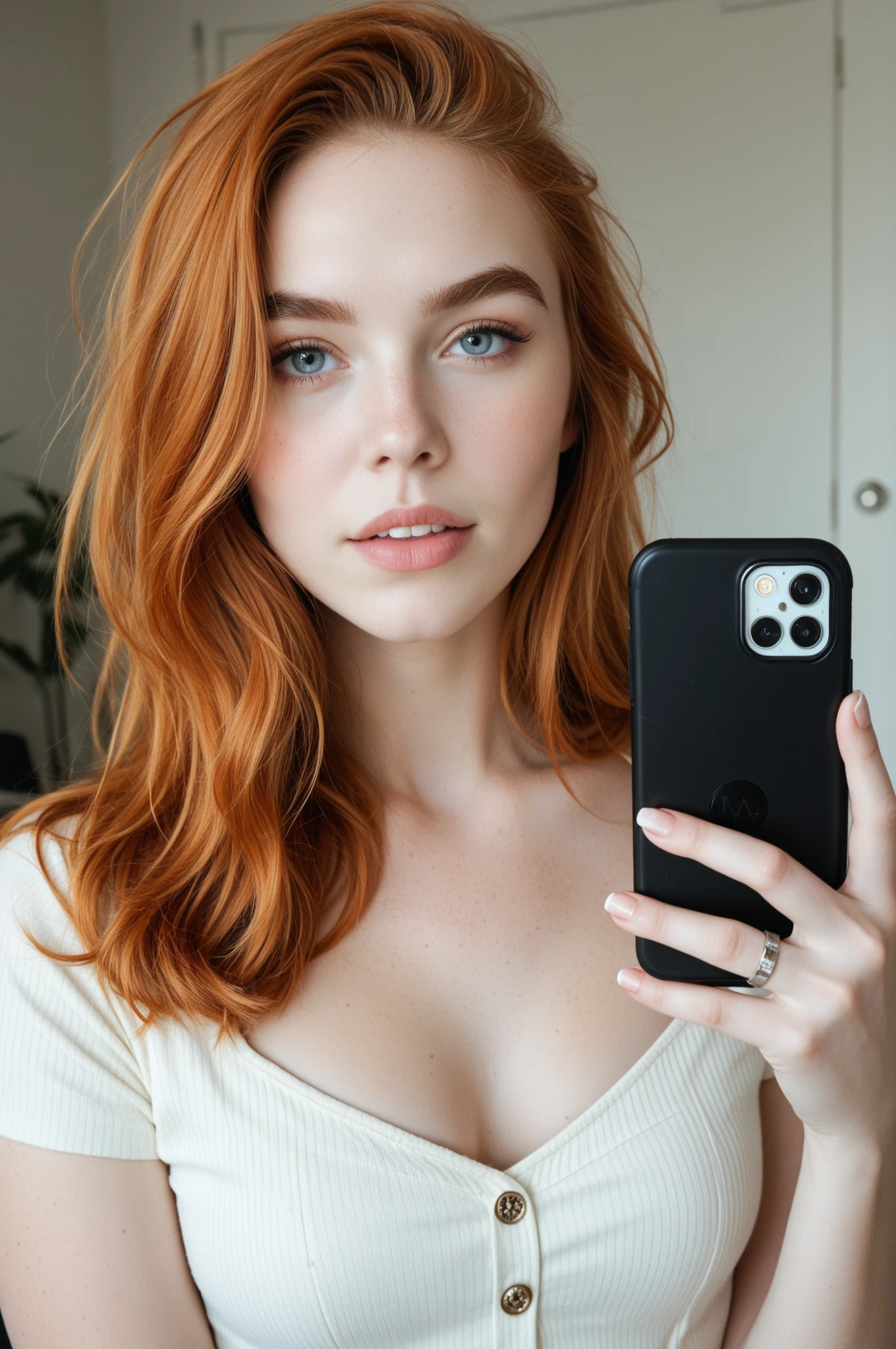 arafed woman with red hair and piercings taking a selfie, instagram model, red hair and attractive features, with red hair, 18 years old, red haired goddess, 2 4 year old female model, with long red hair, red dyed hair, she has red hair, with curly red hair, katherine mcnamara inspired, ava max, red head