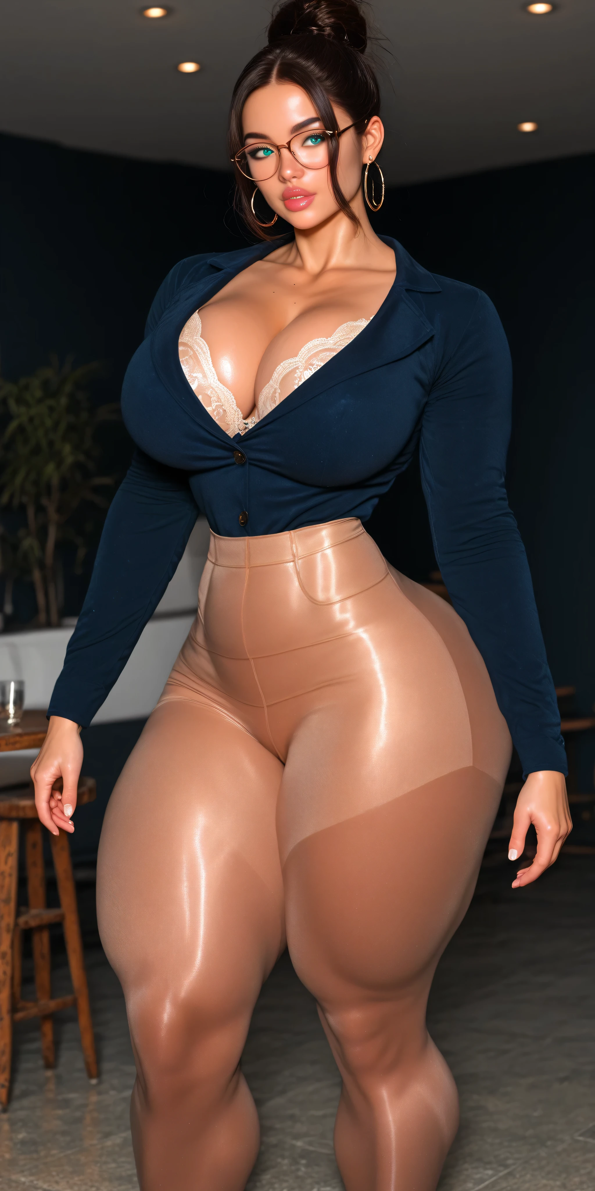 detailxl,AIU,4ng3l face,score_9, score_8_up, score_7_up, score_6_up,(masterpiece, best quality, high detailed, 8k, 32k, uhd:1.2),Cowboy shot,fine features, highres, realistic,scenery, office setting,from side,side view,side angle,close-up angle,inside, glass,medium perspective, [Photography, natural light, shallow depth of field, focus on the woman's legs and the place],Sexy pose, korean idol, Swedish idol, 20 years old girl,beautiful eyes,cute small nose, long eyelashes, fleshy lips,cheekbones, square jaw, Supermodel,face focus,bangs, blunt_bangs,pawg,thicc,curvy accentuated booty,hoop_earrings, glasses,light makeup, light pink lipstick,light skin,(masterpiece, high resolution, 2k resolution, best quality), Woman (ethnicity:1.0), (age:35), (body type:curvy), (pose:1.1), (expression:pleasant), (accessories:1.1),  wearing a deep reddish-brown, simple blouse top,long_sleeves, (((no skirt)))), purple top, and dark bob hairstyle, standing in a room,cold atmosphere, cold,looking to the viewer's right, center of the frame, medium shot, professional/business style,  (color palette: deep purples, dark blacks, digital illustration style, anime influence), (1girl, perfect anatomy, perfect face), huge body, massive chest, mature woman,1girl,MILF, korea, milf, messy ponytail, black hair,turquoise eyes,beutiful eyes, collarbone, looking_at_viewer, bluntbobcut, sexy waist, rounded Big ass, sexy ass,thick_thighs, stunning,covered breasts,stylish, detailed perfect eyes,(large_breasts:1.4),(huge_breasts:1),(huge thick_thighs:1.2), massive body, small hip, curvy, huge ass, fit,(pale skin),seductive face, turn red, 4ng3l face, perfecteyes,detailxl, pantyhose, brown pantyhose,  always wearing pantyhose, huge silicone breasts, lace push up bra, glasses, cleavage, full body view, strong legs, breasts pushed up