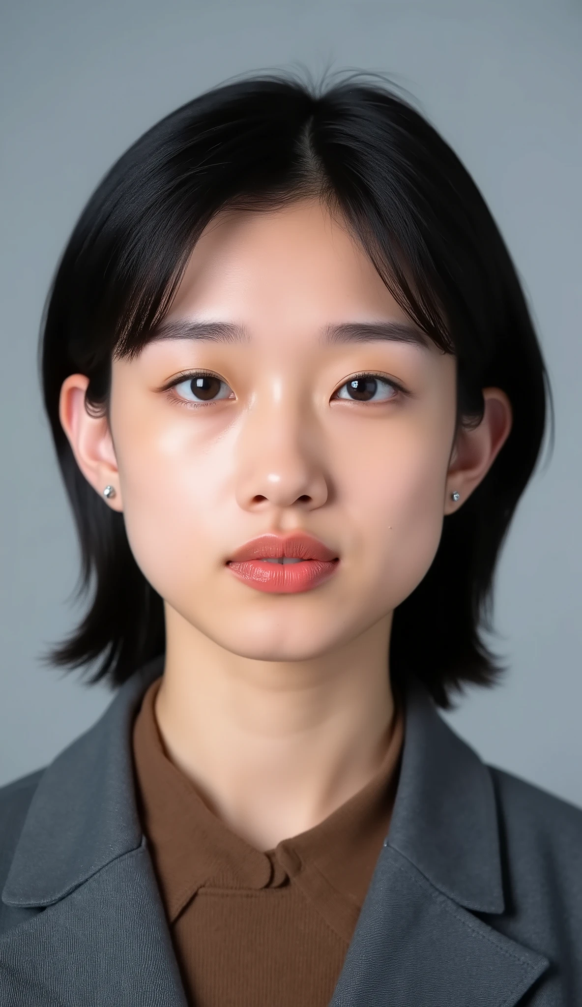 Passport photo of a neat young woman、facing directly、camera list、office lady suit、jacket、shirt、、、ear piercings、前髪あり、、、無表情、、、has closed its mouth、face close-up、grey background
